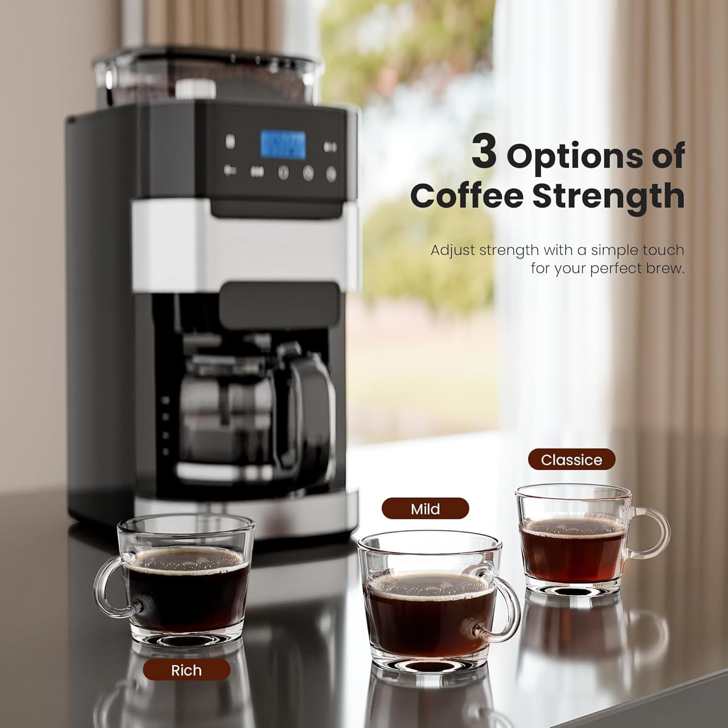 10-Cup Drip Coffee Maker with Built-in Grinder, Programmable Grind & Brew, 220g Bean Hopper, Adjustable Grind Size & Coffee Strength, Descaling Alert, 24H Timer, 2H Keep Warm, LED Touchscreen — view 7