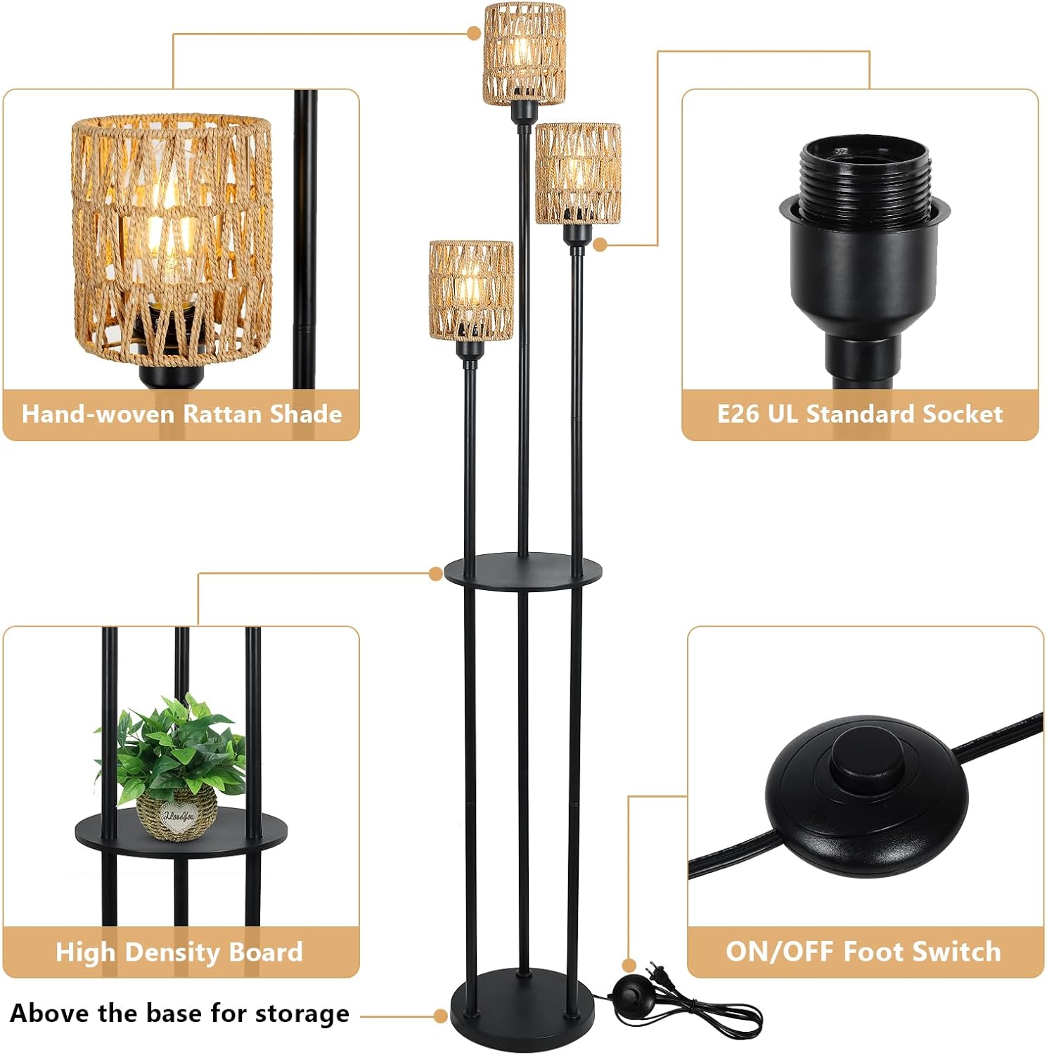 Boho Floor Lamp with Shelves, 3-Lights Farmhouse Tall Floor Lamp with ON/Off Foot Switch, Rustic Standing Lamp with Rattan Shades for Living Room Bedroom Office