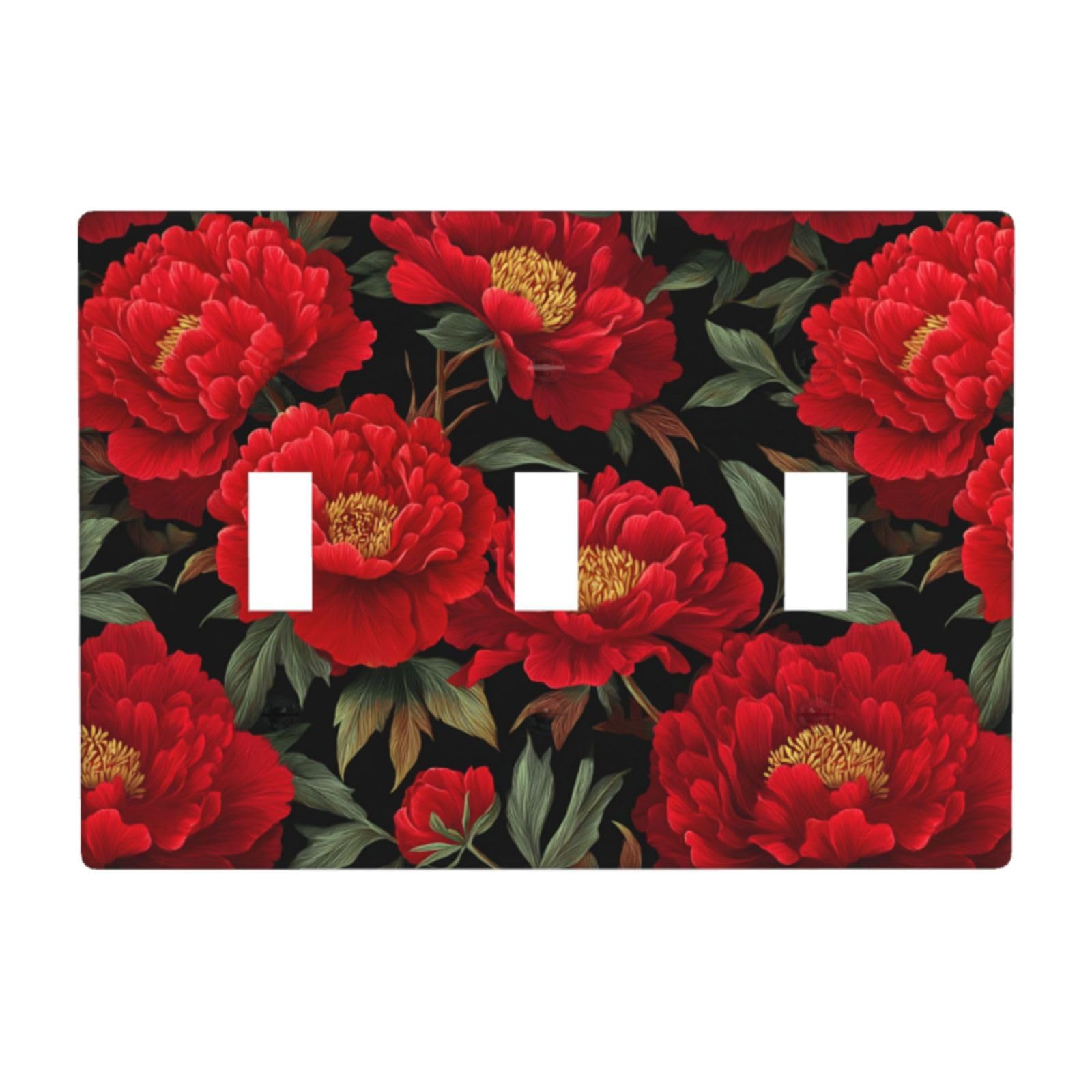 Woshuwo White Red Peonies On Black Light Switch Covers 3 Gang Triple Toggle Wall Plate Switchplate Electrical Faceplate For Bathroom Kitchen Bedroom Decor