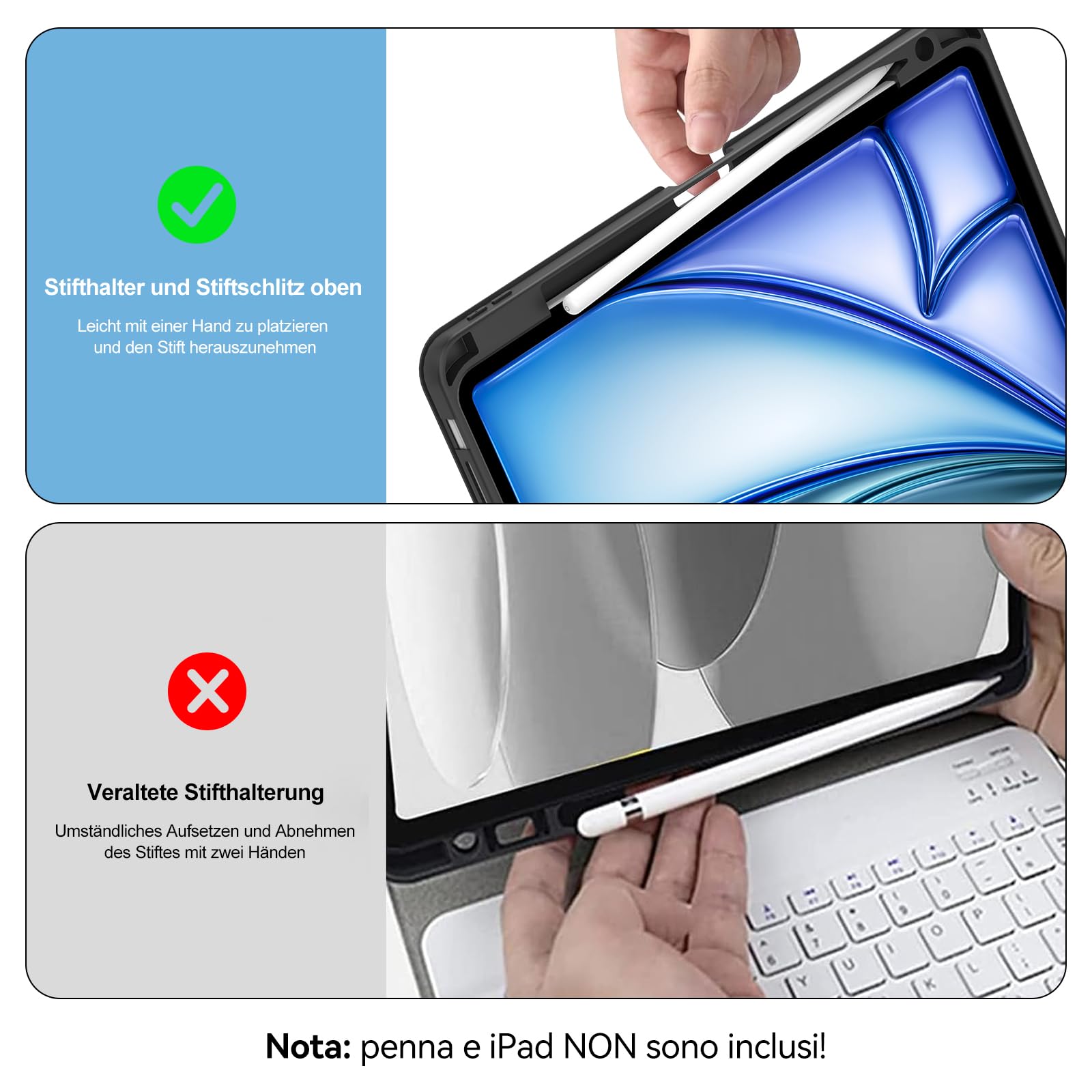Custodia con tastiera per iPad Air 11" M4/M3/M2 (2024-2026), touchpad/illuminazione | Custodia con portapenne, tastiera QWERTZ Bluetooth magnetica per iPad Air 8/7/6. generazione 11 pollici M4/M3/M2