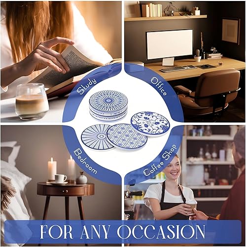 Miniatura 7 de Patelai Juego de 8 posavasos de cerámica vintage con soporte, posavasos absorbentes redondos azules para mesa de café, vasos, inauguración de la