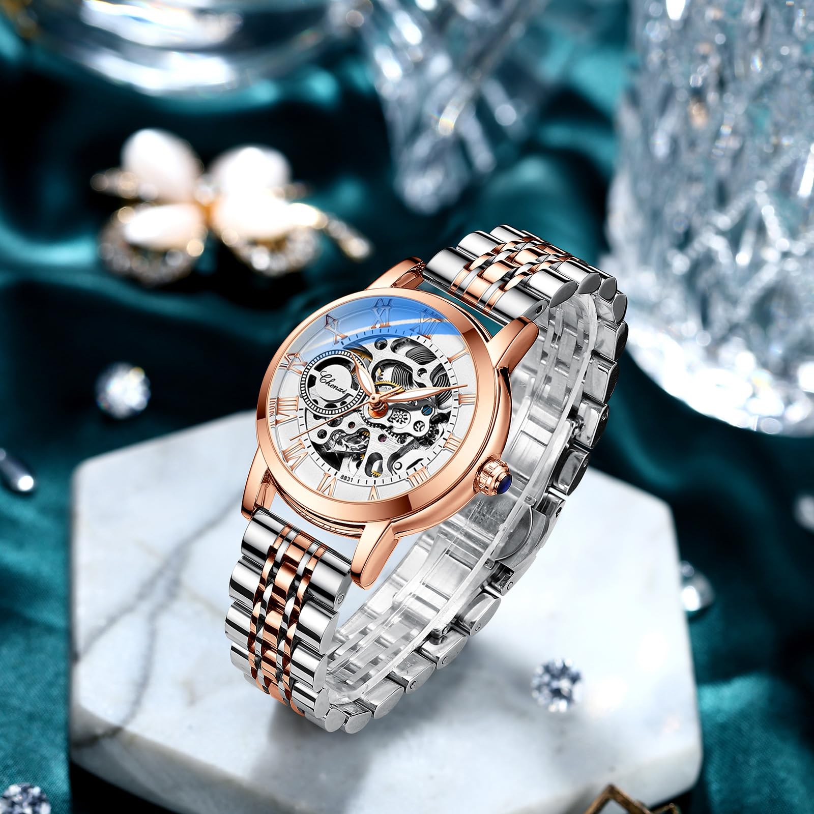 MASTOP Famale Damen Armbanduhr Saphir Automatik Steampunk Armband Gold Skelett Leder Skelett Damenuhr