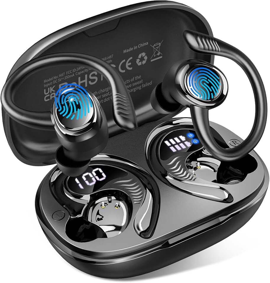 Ecouteurs Bluetooth sans Fil Sport, 2026 Écouteur Bluetooth 5.4 avec 4 ENC Mic, 60+Hrs Ecouteurs sans Fil HiFi Stéréo, IP7 Étanche Oreillette Bluetooth Running, USB-C Charge Rapide, Écran LED Casque