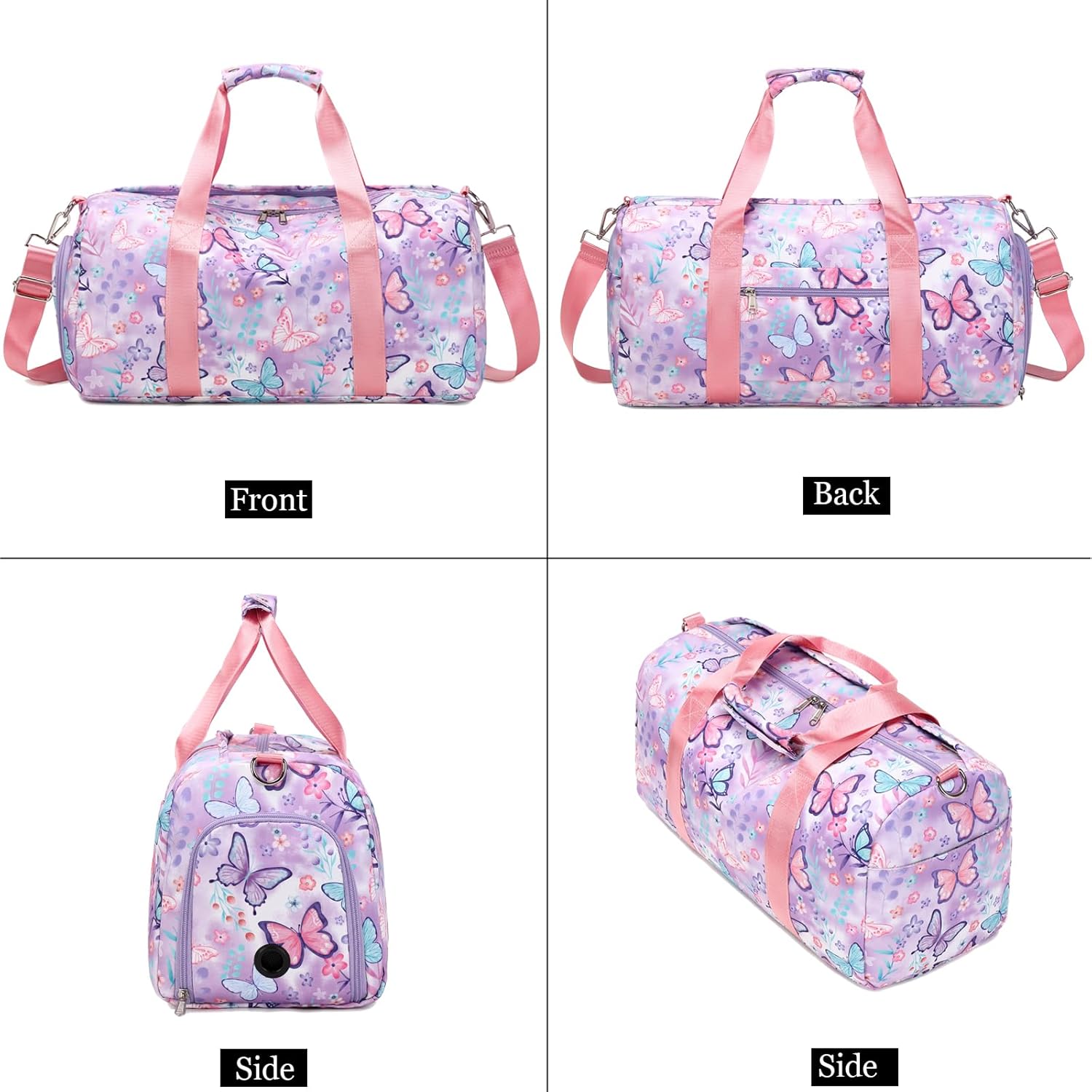 Dance Bag Girls Gymnastics Duffle with Shoe Compartment, Kids Travel Weekender Sleepover Carry On Bag (Butterfly Purple) - Image 3