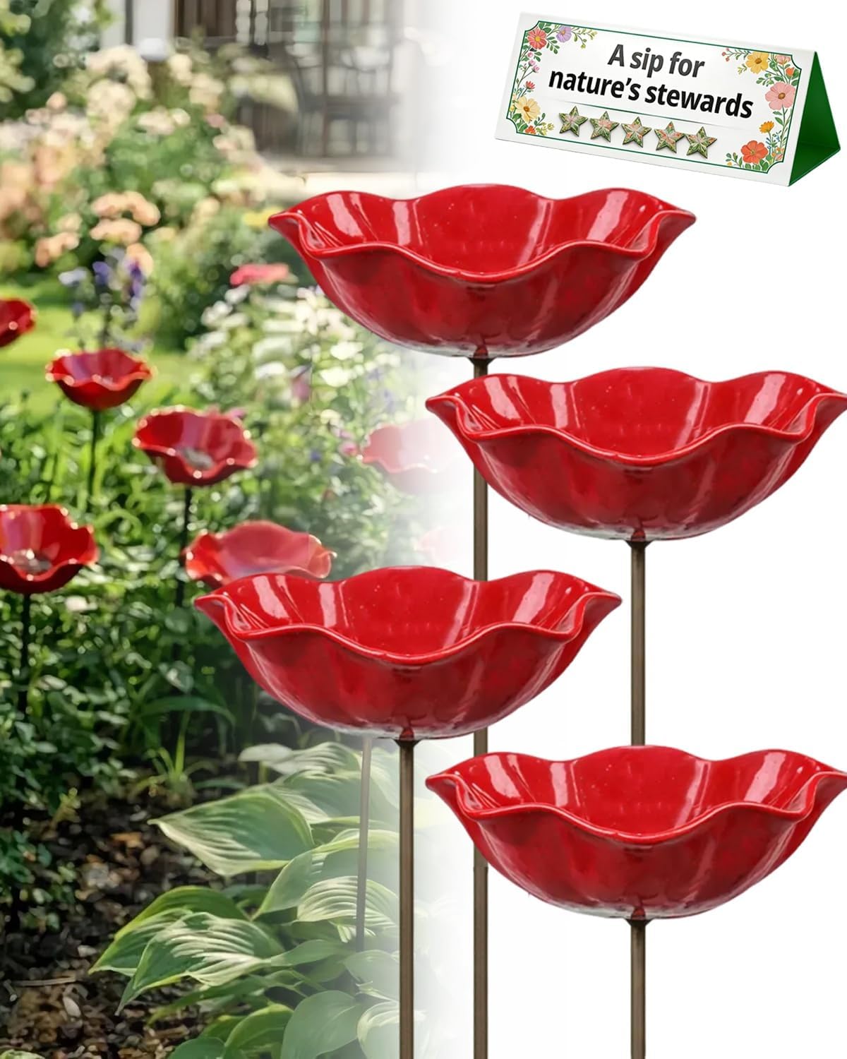 Handmade Metal Flower Garden Stake Bird Bee Bath Butterfly Watering Station Pollinator Feeder Bowl Hummingbird Drinking Yard Decor Creative Shaped Colorful Plant Standing Sculptures Outside(4pcs)