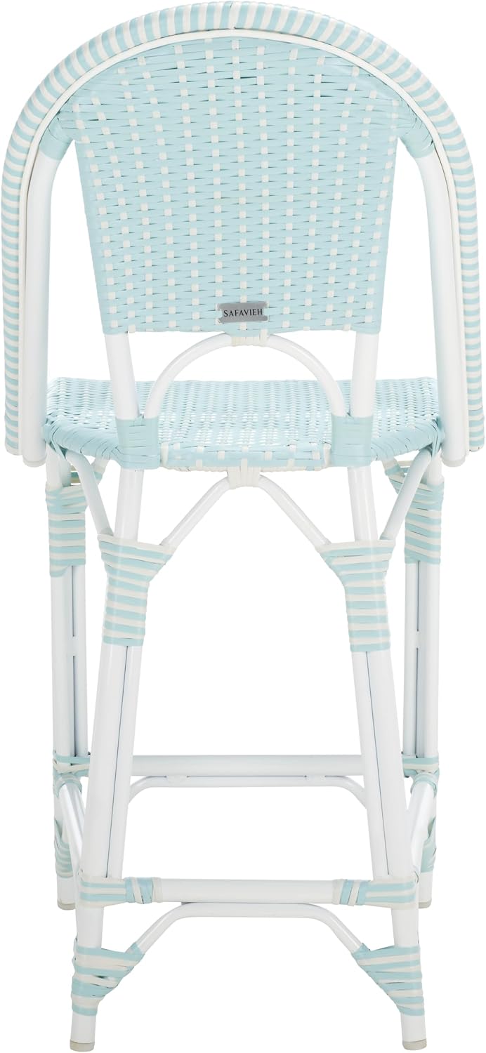 SAFAVIEH Outdoor - California 25-Inch Bistro Counter Stool - Baby Blue & White - Faux Wicker & Aluminum Frame - Woven Bistro Counter Design - Ideal for Patio, Deck, Sunroom, Bar Area (PAT7532G)