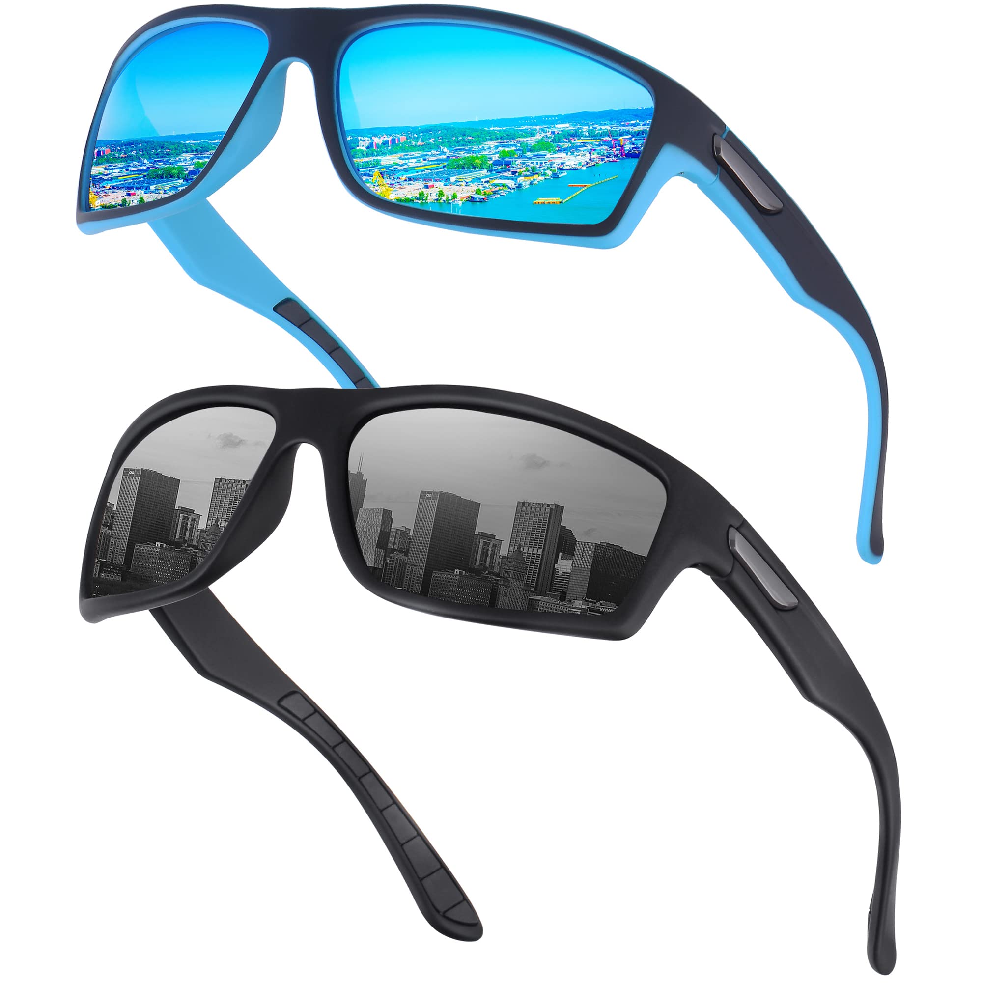 Ollrynns Sport Sonnenbrille Herren 2 Stück Polarisierte Sportbrille für Herren Damen zum Angeln Fahrrad Golfen Laufen UV400 Schutz (Schwarz&Blau)