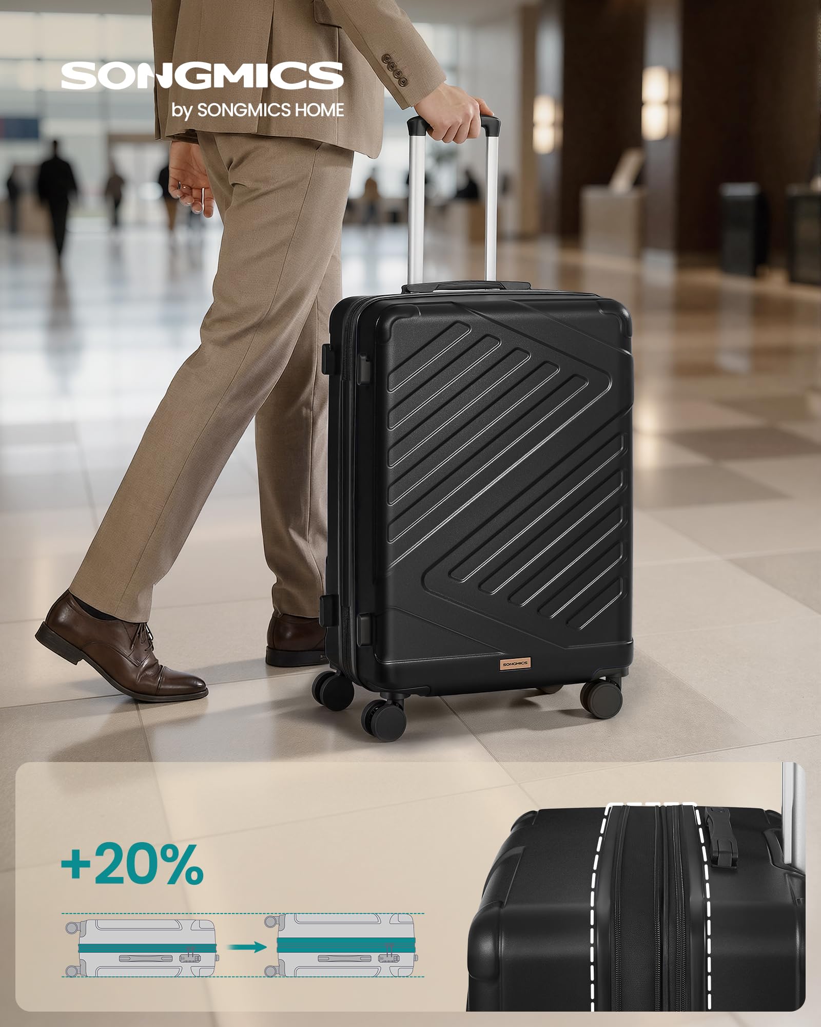 SONGMICS Walizka z twardą obudową, wózek bagażowy ABS z zamkiem TSA, 4 podwójne kółka obrotowe, walizka podróżna z paskiem, średnia walizka 65 cm, możliwość rozbudowy, czarny atrament RLP002B101