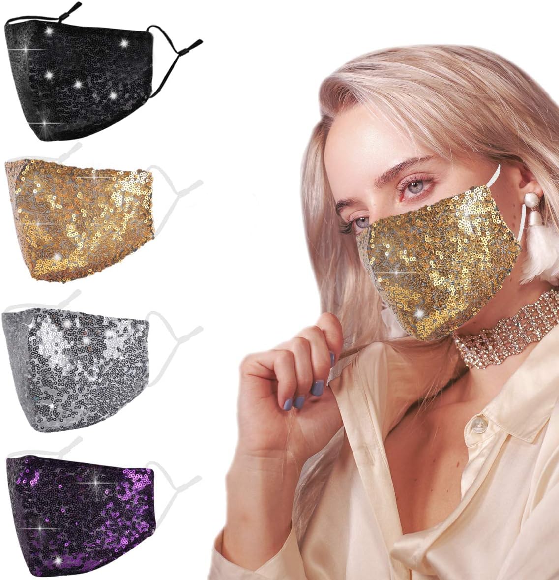 YUESUO Cloth Face Mask Washable Reusable Women fabric Decorative Party Glitter Bling Mesh Rhinestone diamond Sparkly Sequin with Design Breathable Decorative Party Covering Adjustable