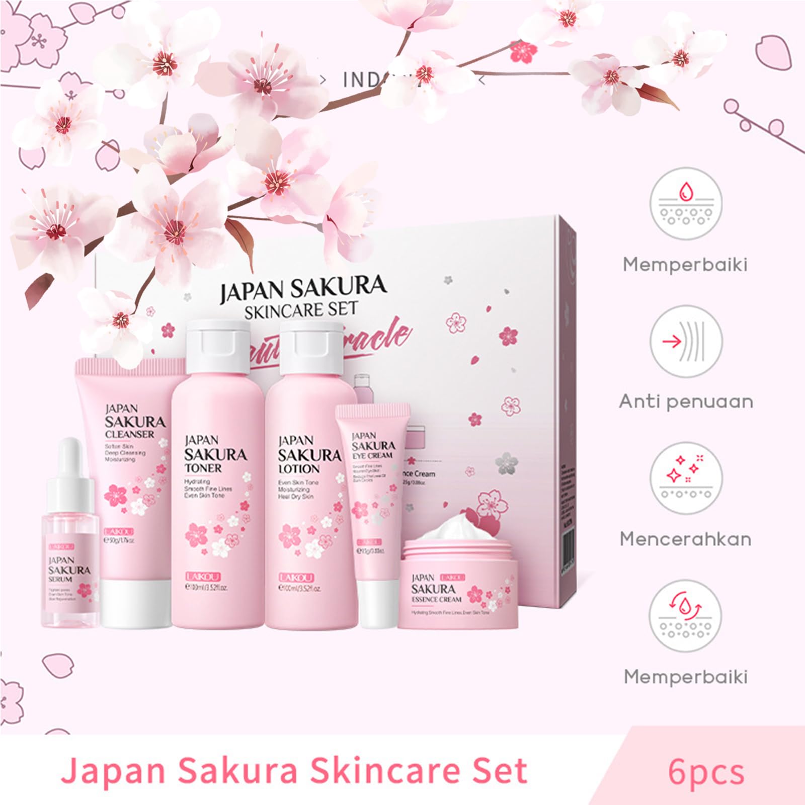 6 Pcs Skin Care Sets JAPAN SAKURA Women Beauty Gift Sets Sakura Skin Care Kit with Cleanser, Toner, Serum, Eye Cream, Lotion, Essence Cream Travel Kit for Women Teen Girls