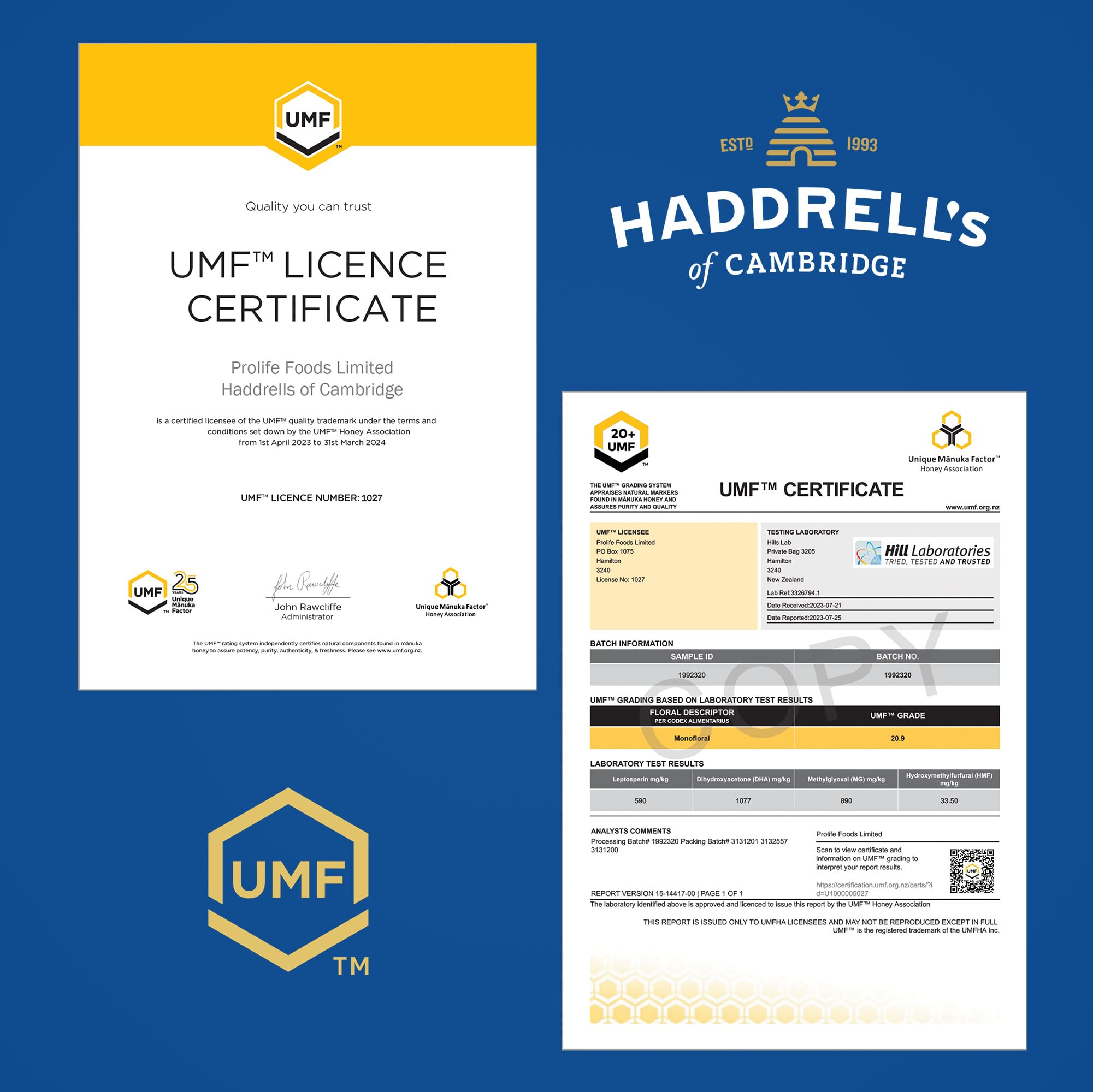 Haddrell's of Cambridge Manuka Honig 1000 MGO circa (UMF 22+) 250g | Zertifizierter Manukahonig aus Neuseeland – Reich an Methylglyoxal – Nachhaltig, roh und mit hohem MGO - Rohhonig