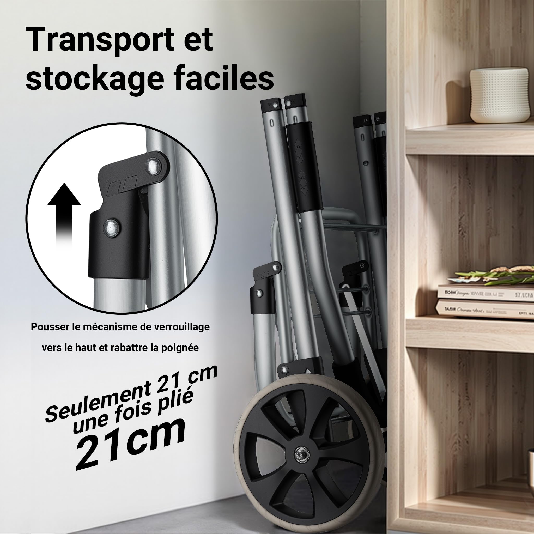 Wiltec Chariot de Course sur Roues – 36,5 x 44 x 103 cm – Pliable à 42 x 21 x 54 cm – Capacité de Poids 40 kg – en Aluminium et Polyester – Caddie de Course, Chariot Roulette Course