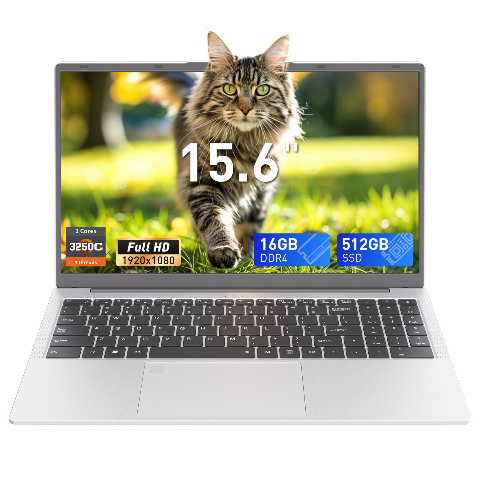 Auusda Laptop 15,6 Zoll Notebook, 16GB DDR4 RAM 512GB SSD, 3250C Prozessor, Fingerabdrucksensor, beleuchtete Tastatur, Ziffernblock, Privacy-Kameraabdeckung, leichtes Notebook für Schule & Büro