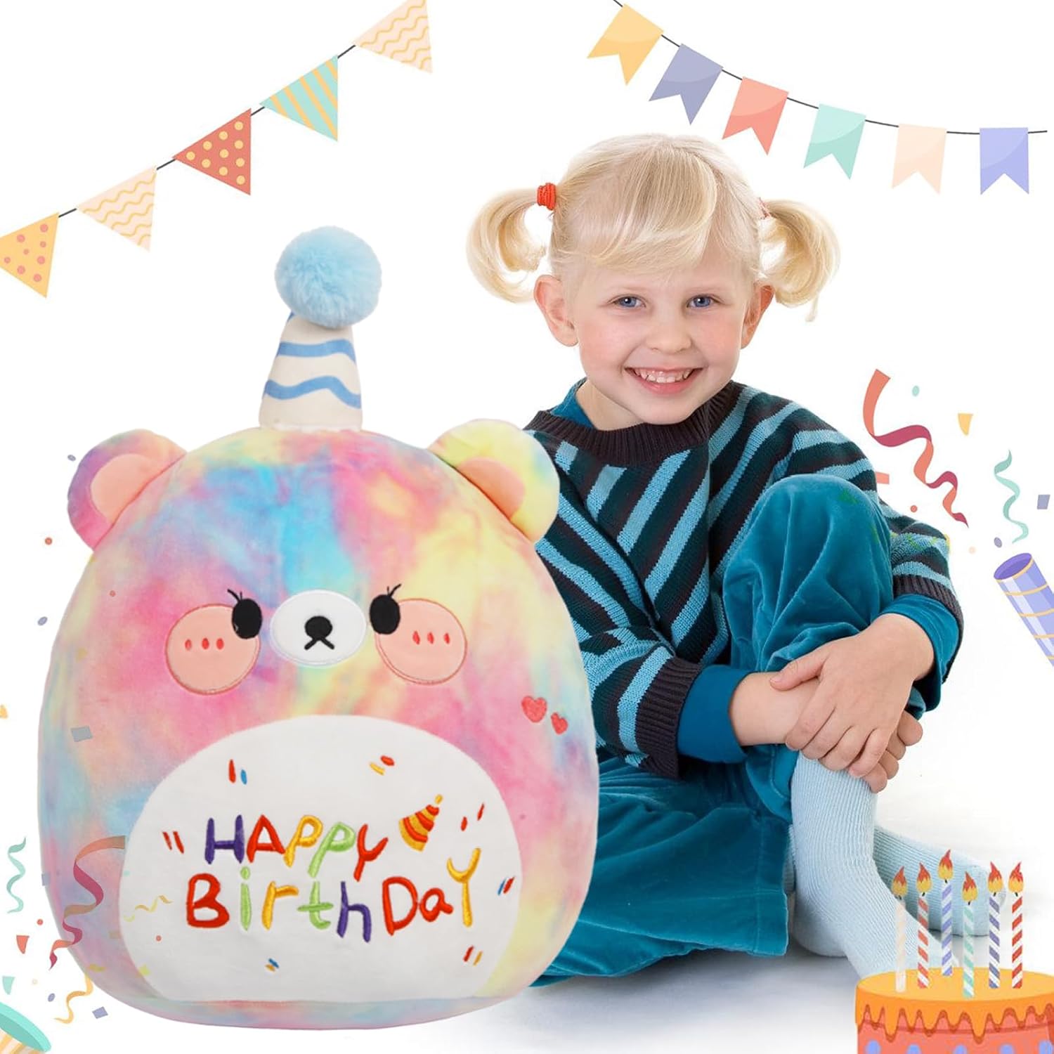 ARELUX Jumbo 18in Cute Color Bear Cuddle Plush Soft Stuffed Animal Large Birthday Pillow Kids Huggable Bear Plushie Toy Big Size Happy Birthday Party Decoration Plushies Gift for Friends Boys Girls