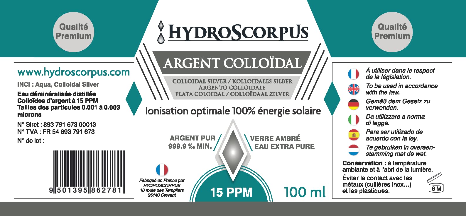 Argent Colloïdal 15 PPM et 5 PPM BOUTEILLES VERRE ●Fabriqué en France●100% Naturel Oligo élément Bio Disponible●Ionisation 100% solaire●Emballages 100% compostables …