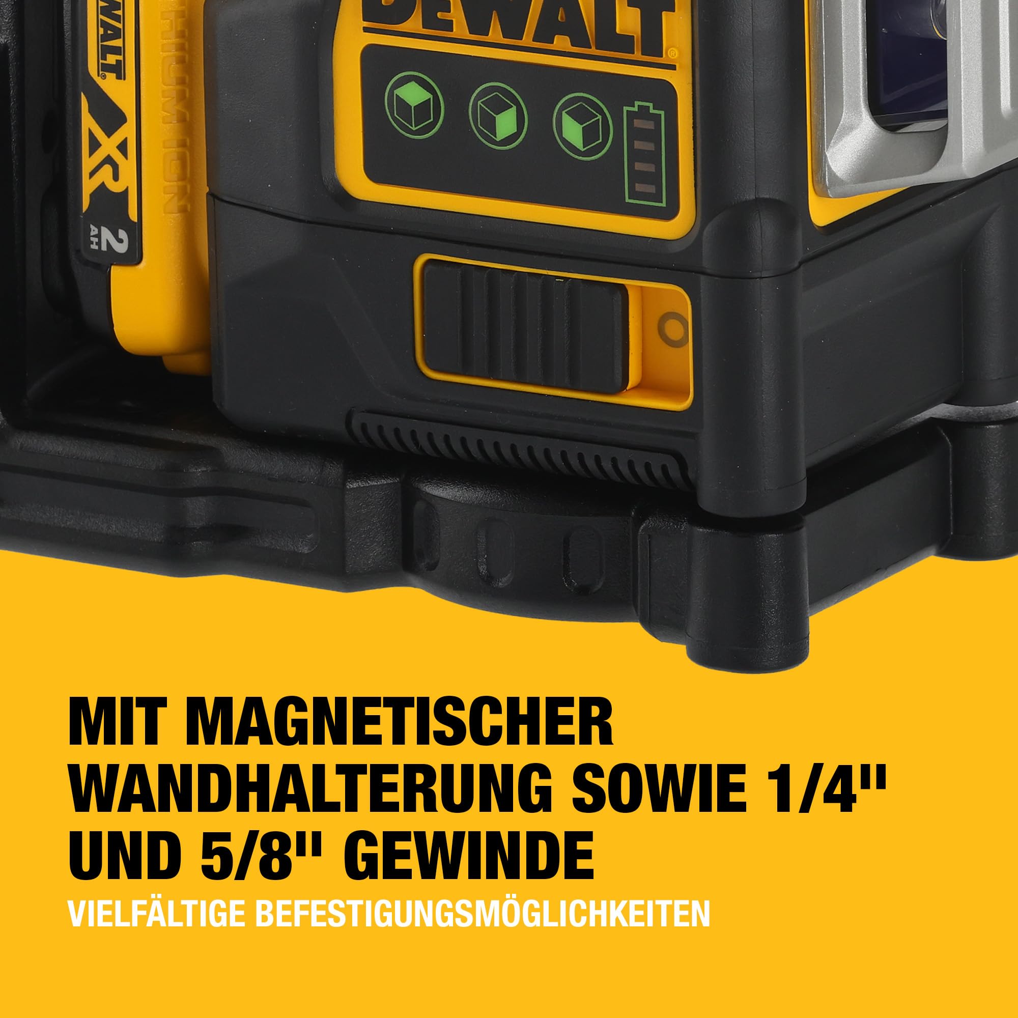 DEWALT XR 3 x 360° Akku-Multilinien-Laser grün (Selbstnivellierender Laser, mit Pulsmodus für Empfängereinsatz, Schutzklasse IP65, inkl. 12 Volt 2 Ah Akku und Ladegerät), DCE089D1G-QW