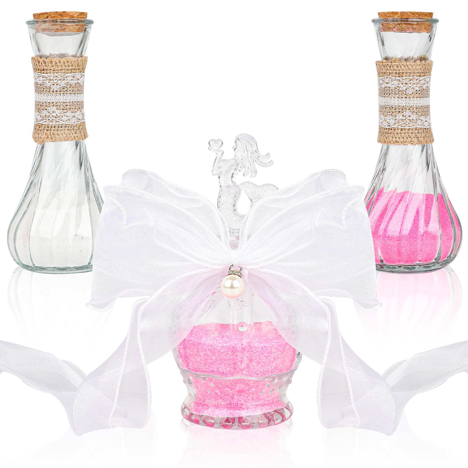 Mini Sand Ceremony Kit for Wedding Includes 3 Decorative Vases, Small Crown Mermaid Bottle Burlap and Lace Sleeves, Pearl and Lace Bow,Personalized Sand Ceremony Kit,The Centerpiece for The Wedding