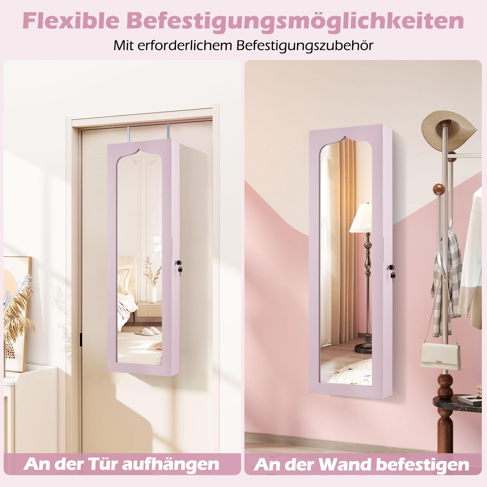 COSTWAY Schmuckschrank mit LED Beleuchtung, 6 Schubladen und Spiegel, Sipegelschrank hängend, Hängeschrank für Tür und Wandmontage, abschließbar (Rosa)
