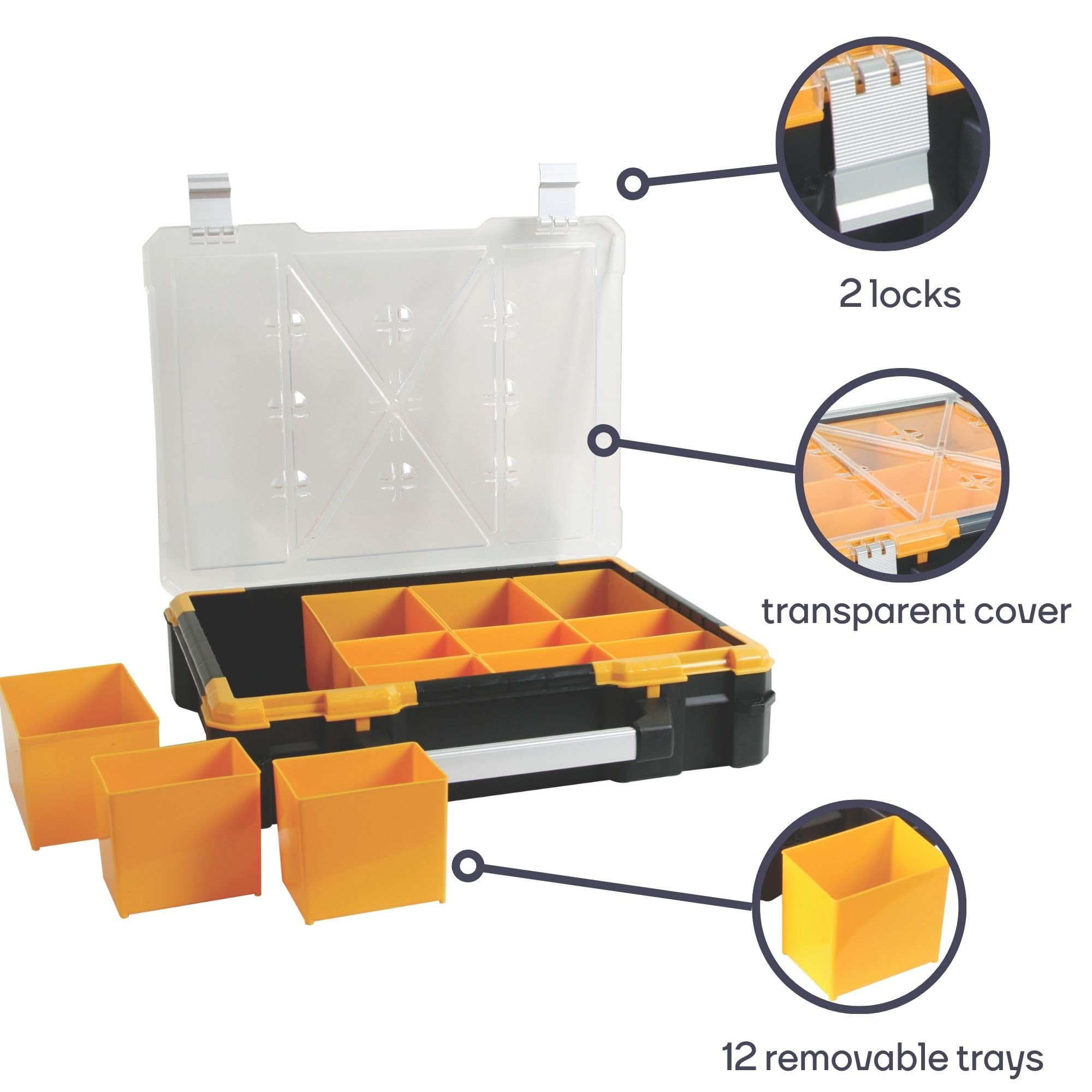 Perel Scatola assortimento, contenitore in plastica con 12 vaschette rimovibili, coperchio trasparente, impilabile, maniglia e chiusure in alluminio, per viti dadi chiodi e piccoli componenti