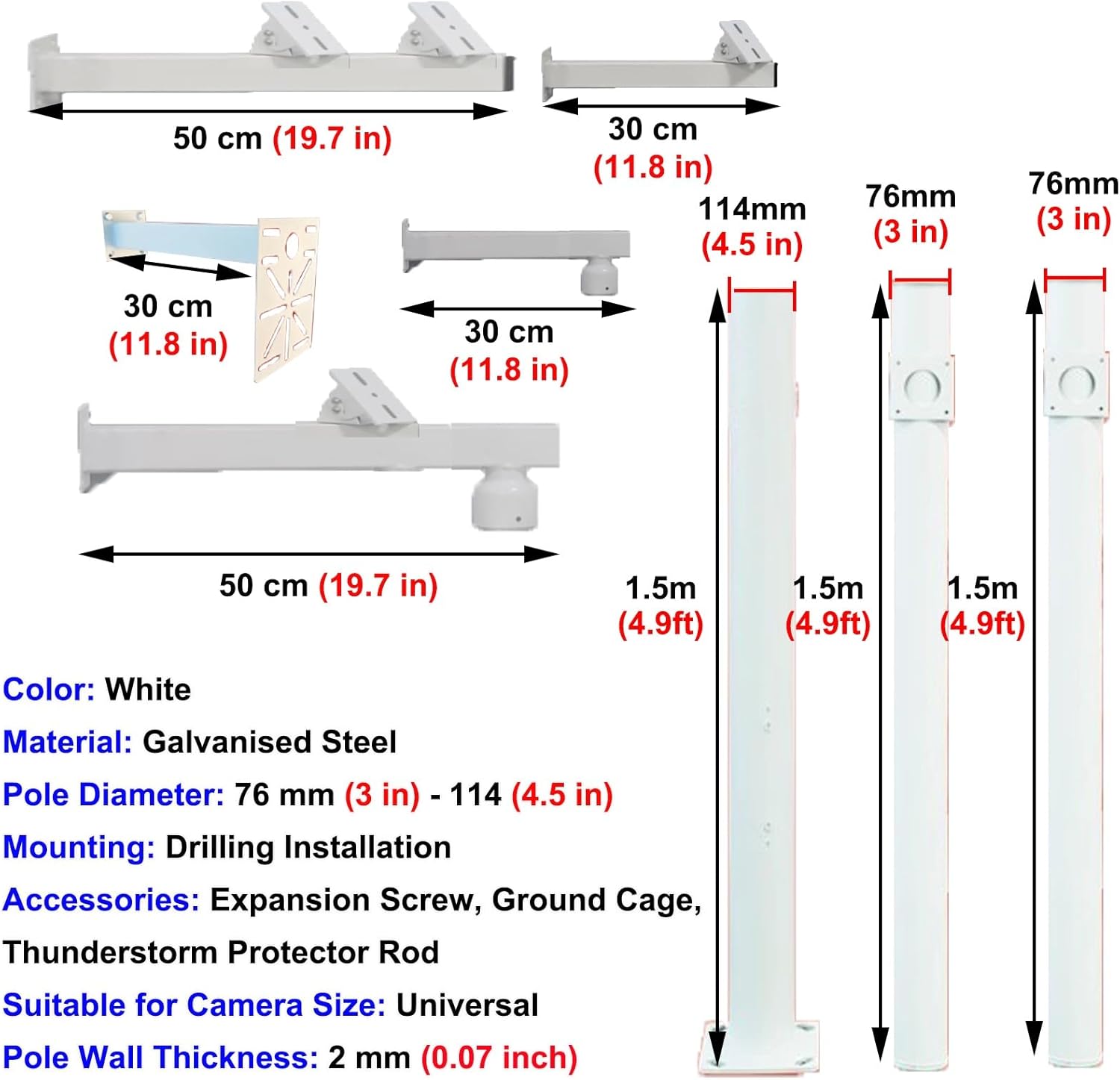 Adjustable 14.8 ft Security Camera Pole Stand, White Surveillance Mount for Solar Panels, Guns, - Versatile Multi-Angle Monitoring Solution for Commercial Use