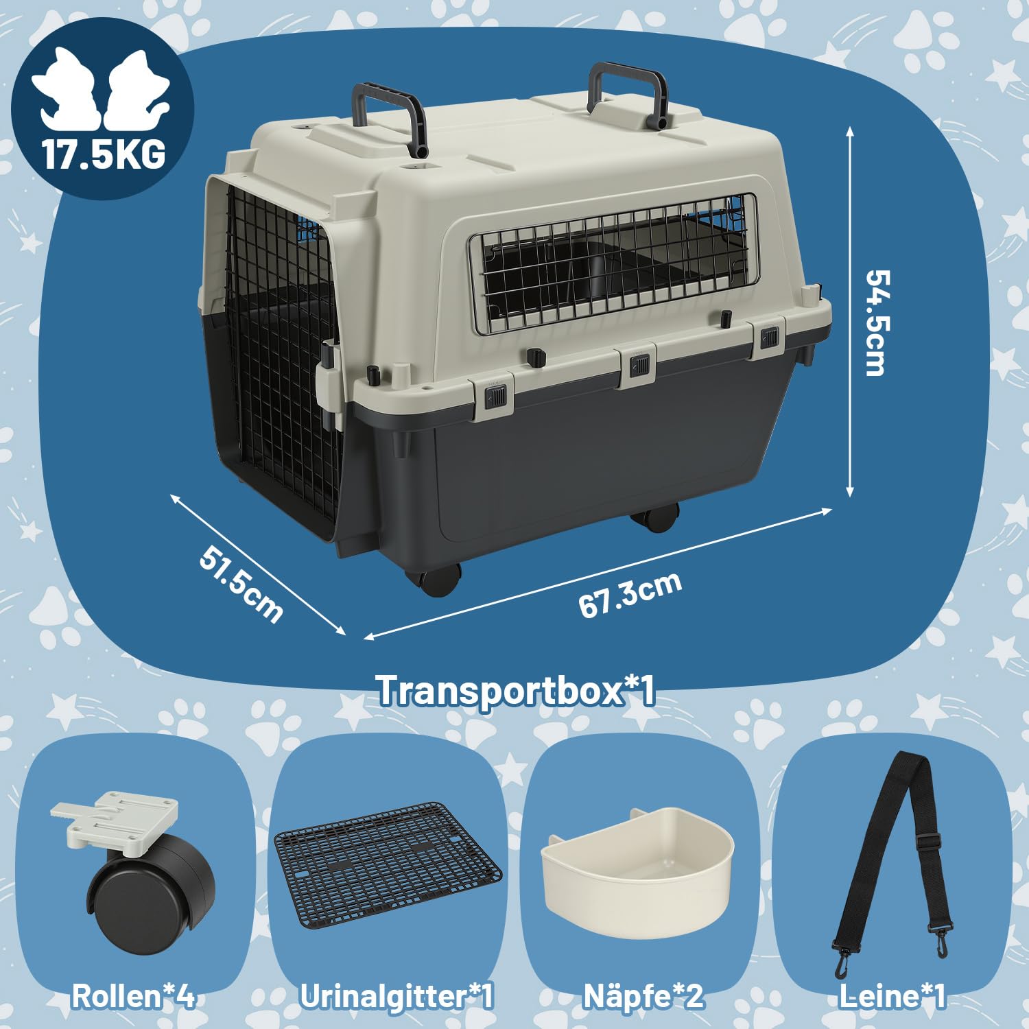 Cage de transport pour animaux avec fenêtre et porte, en plastique PP, avec poignée et corde, roues, 67,3*54,9*51,5 cm, avec couches et bols suspendus, gris blanc