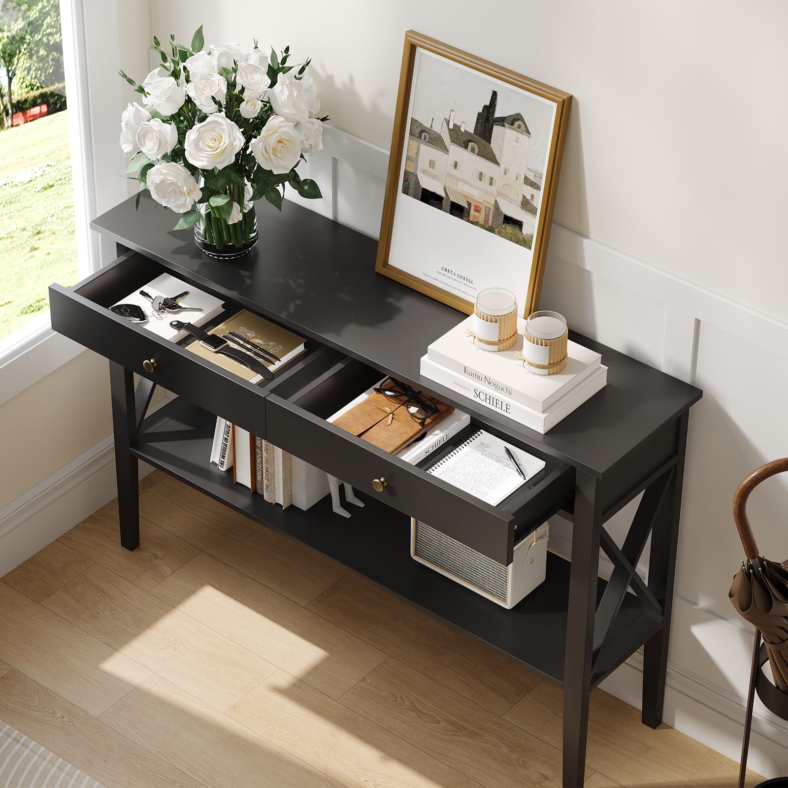 Console Meuble Design pour Espaces Étroits, Meuble 2 Tiroirs et Étagère Fixe pour Entrée, Salon et Couloir, Surface Lisse Facile à Nettoyer, Noir