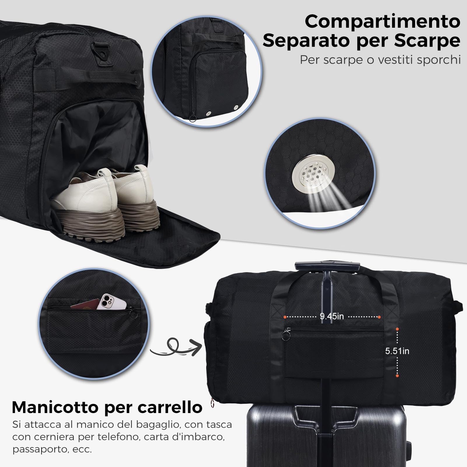 Fmeida 65L Borsone da Viaggio Unisex Adulto, Grande Borsone Palestra con Scomparto per Scarpe e Tracolla, Impermeabile Duffel Bag Borsa Sportivo, Nero