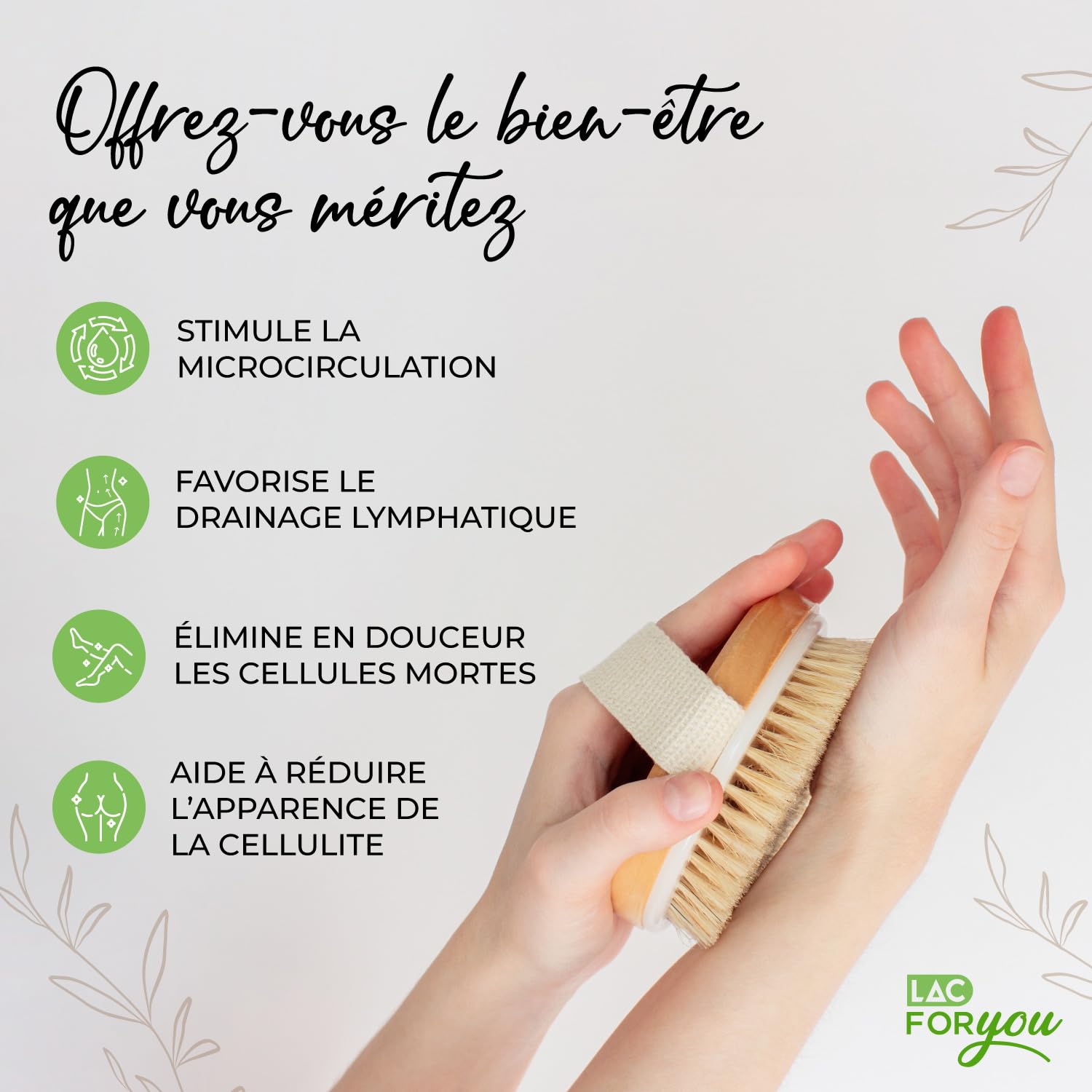 LAC FOR YOU Brossage a Sec Drainage Lymphatique en Bois et Poils Naturels - Brossage a Sec Exfoliante Corps et Massage Anti-Cellulite