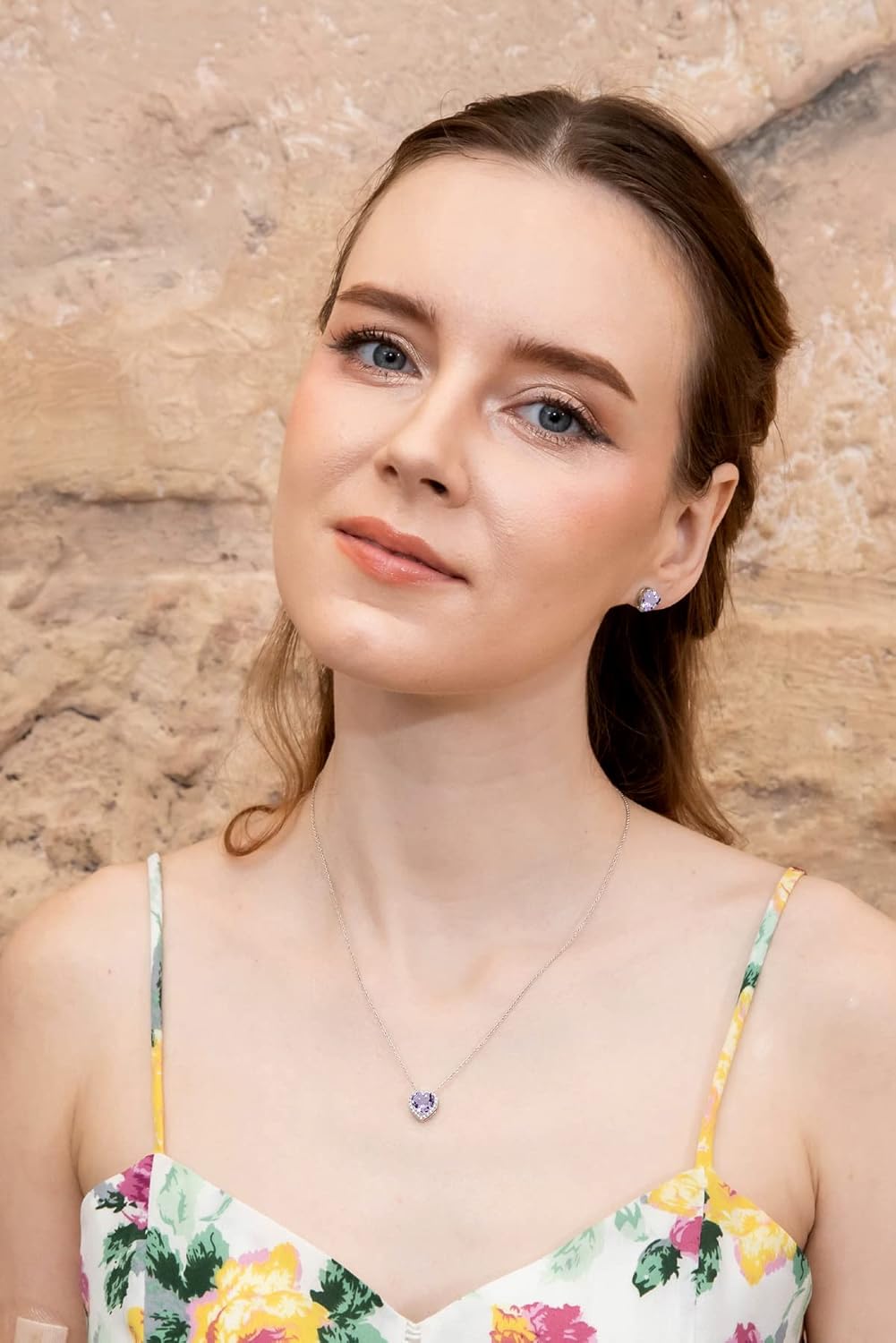 Sterling Silver Genuine or Synthetic Gemstone Halo Heart Necklace & Stud Earrings Set for Women - Image 2