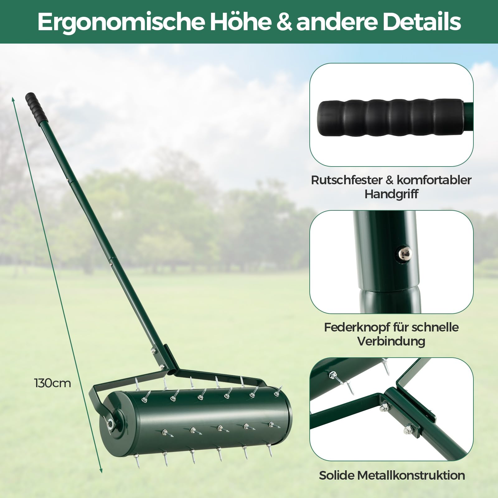 COSTWAY Rasenlüfter Walze manuell, 53 x 130 cm, Rasenrolle mit Stiel & Nägeln, Handvertikutierer rollend, Rasenbelüfter Gartenwalze, Vertikutierer Rasenwalze Garten Hof Rasen, Grün