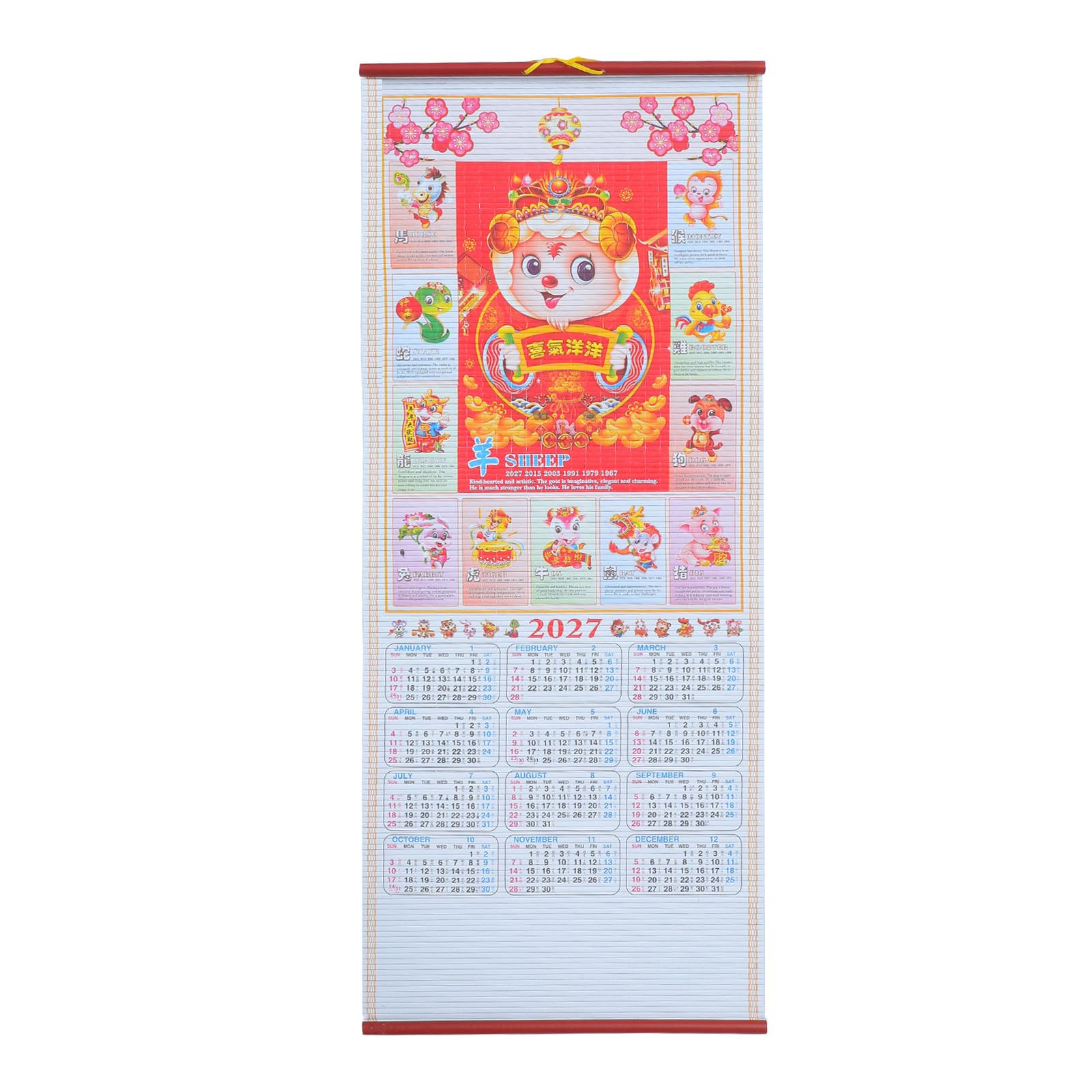TOMETURE Chinese Calendar 2027: Zodiac Sheep Feng Shui Hanging Scroll Calendar, Asian Lunar New Year Wall Decor for Spring Festival, Zodiac Goat Present