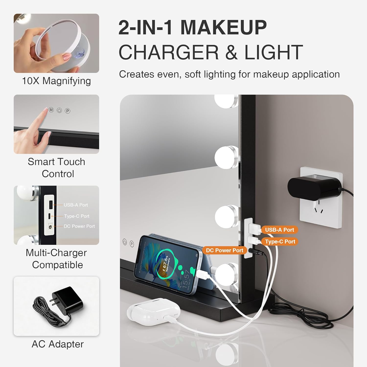 Vanity Makeup Mirror with Lights,Hollywood Vanity Mirror with 3 Color Modes,Lighted Vanity Mirror with Dimmable LED Bulbs &10X Magnification for Desk,Bedroom,Tabletop (Black, 22.8" x 18.1")