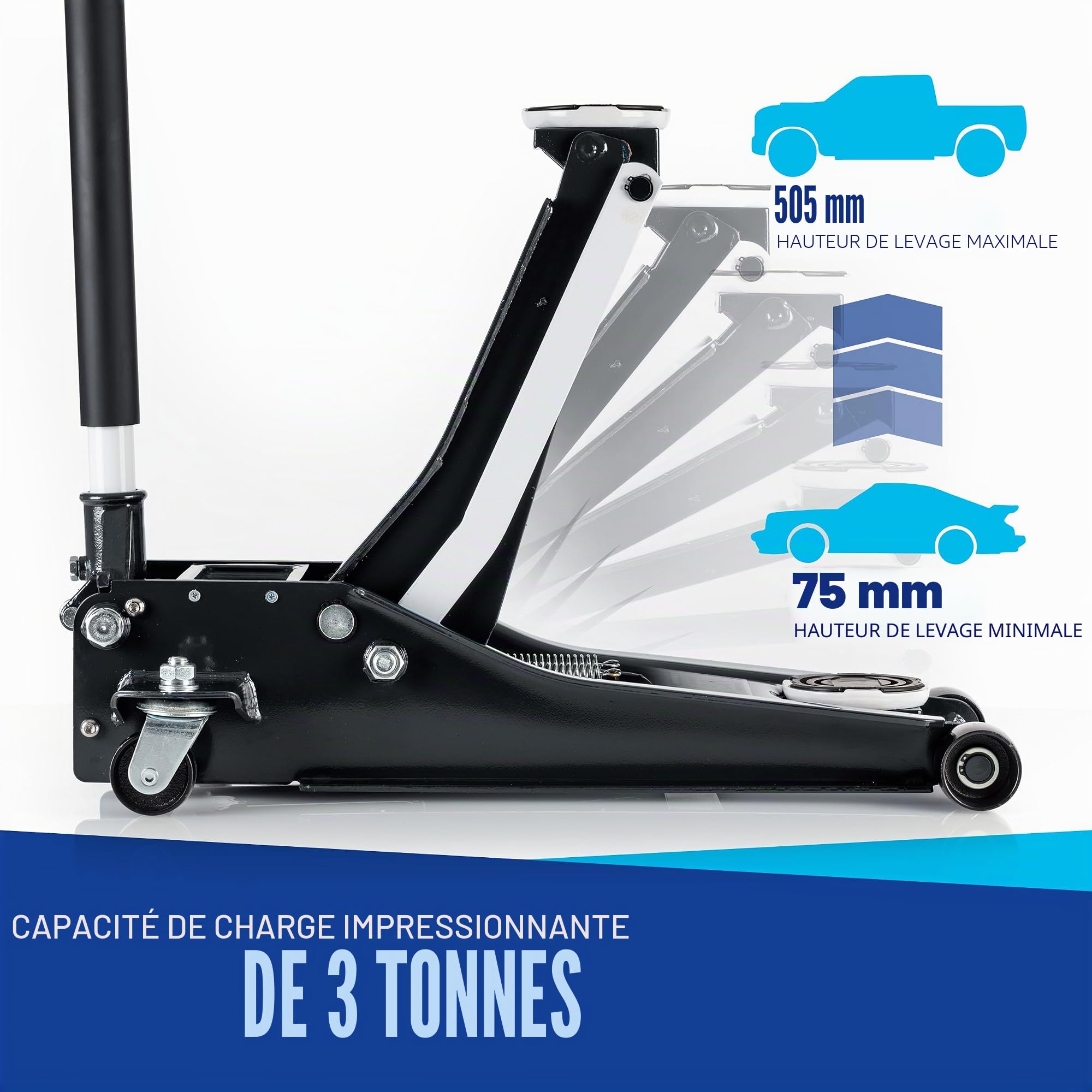 Cric Roulant hydraulique NTG Certifié 3 tonnes (Hauteur de Levage 75-505 mm) Professionnel avec Double Cylindre Cric Plat pour SUV et Voitures Basses Noir [Extra Stable 35,2 kg]