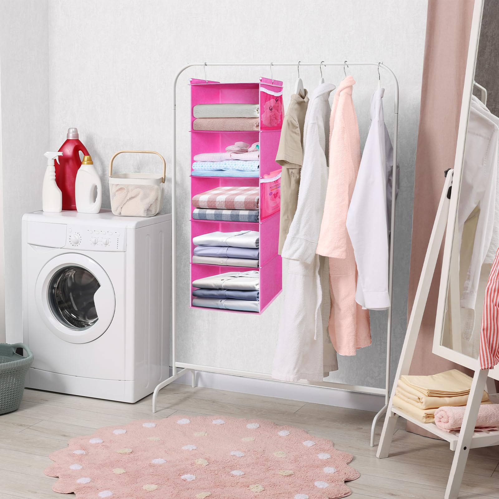 MAX Houser Organizador de armario colgante de 5 estantes, estantes de almacenamiento colgantes con 4 bolsillos laterales, ahorro de espacio para dormitorio, plegable (rosa)