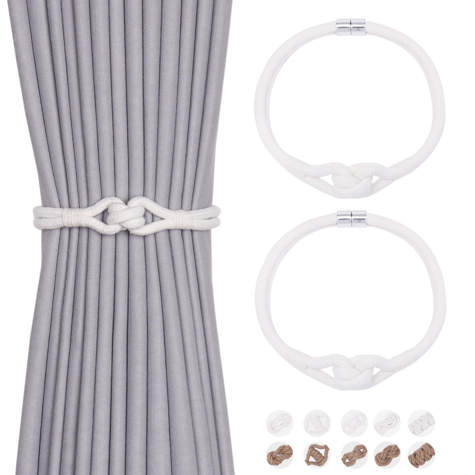 Pretty Jolly 2 Pack Natural Cotton Rope Curtain Tiebacks Elegant Boho Style Magnetic Drape Tie Backs Soft Hand-Woven Rope Curtain Holdbacks for Home & Office Drapery (Cotton knot-05) — image 1