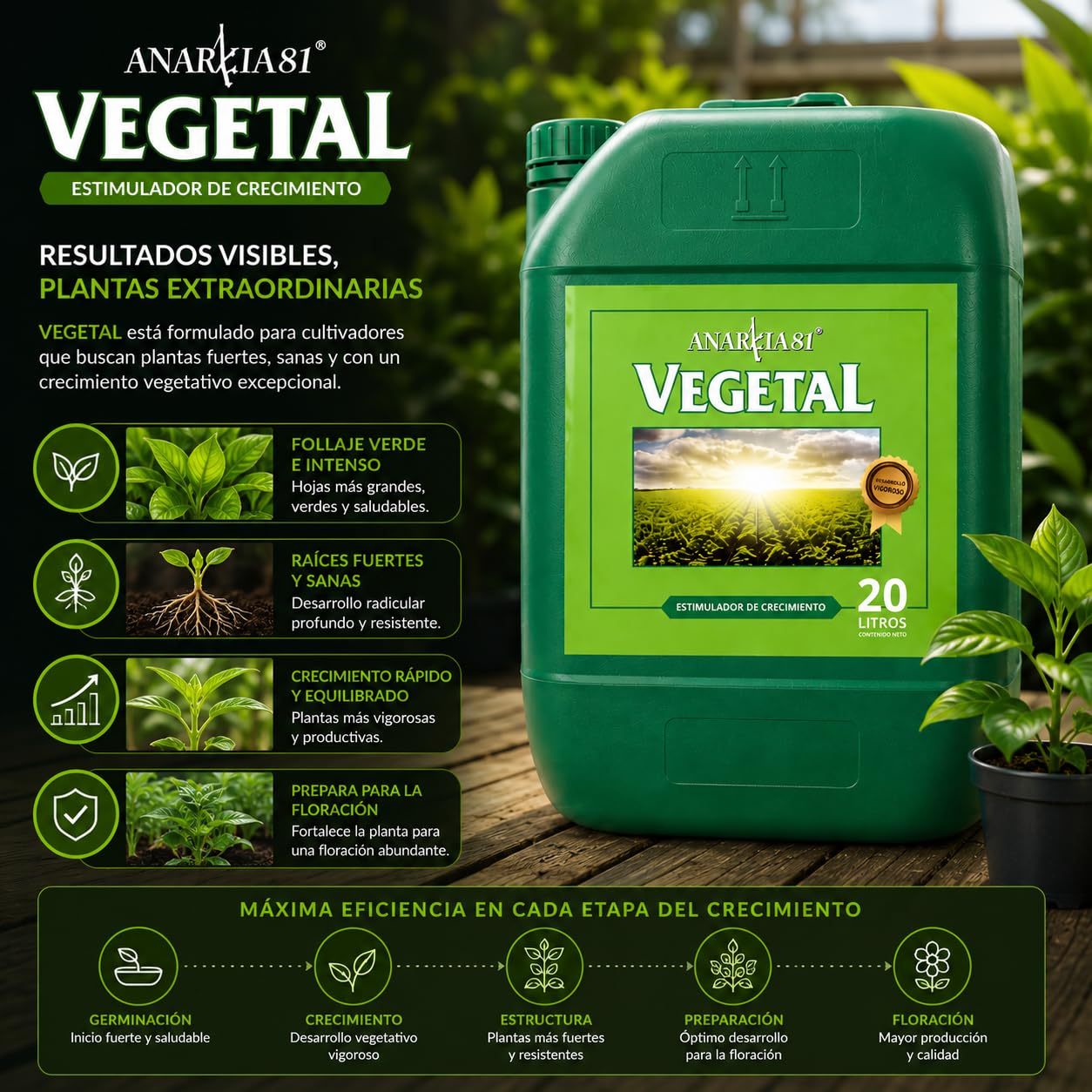 VEGETAL 20 L – Fertilizante de Crecimiento para Plantas Abono Base Completo para Desarrollo Vegetativo Vigoroso Follaje Verde Intenso Cultivo Interior y Exterior - Anarkia81
