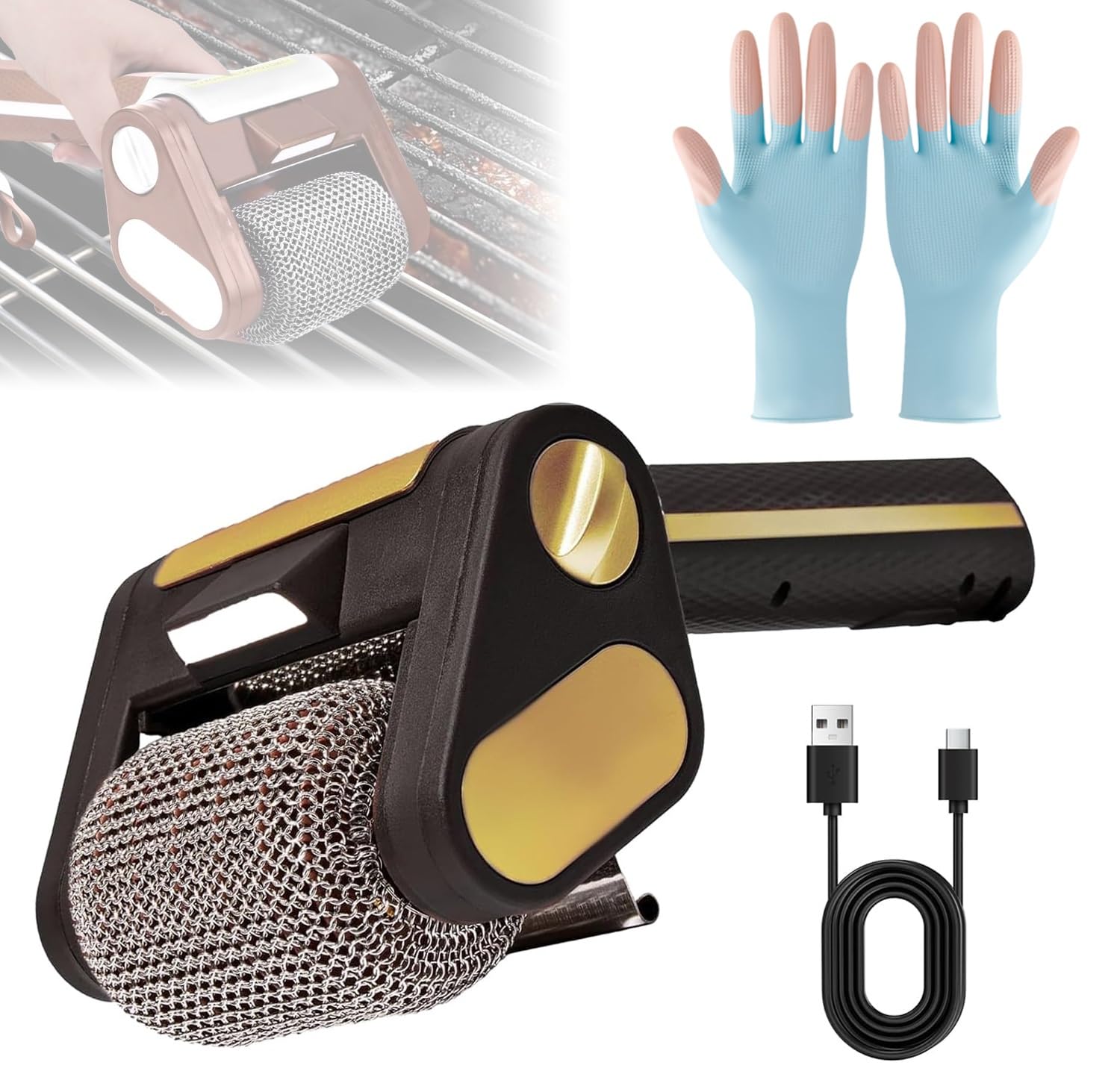Spazzola per barbecue per esterni, senza setole, pulitore per barbecue acciaio inox 304 per griglie a gas, griglie a carbone, bollitori e griglie(Black gold)