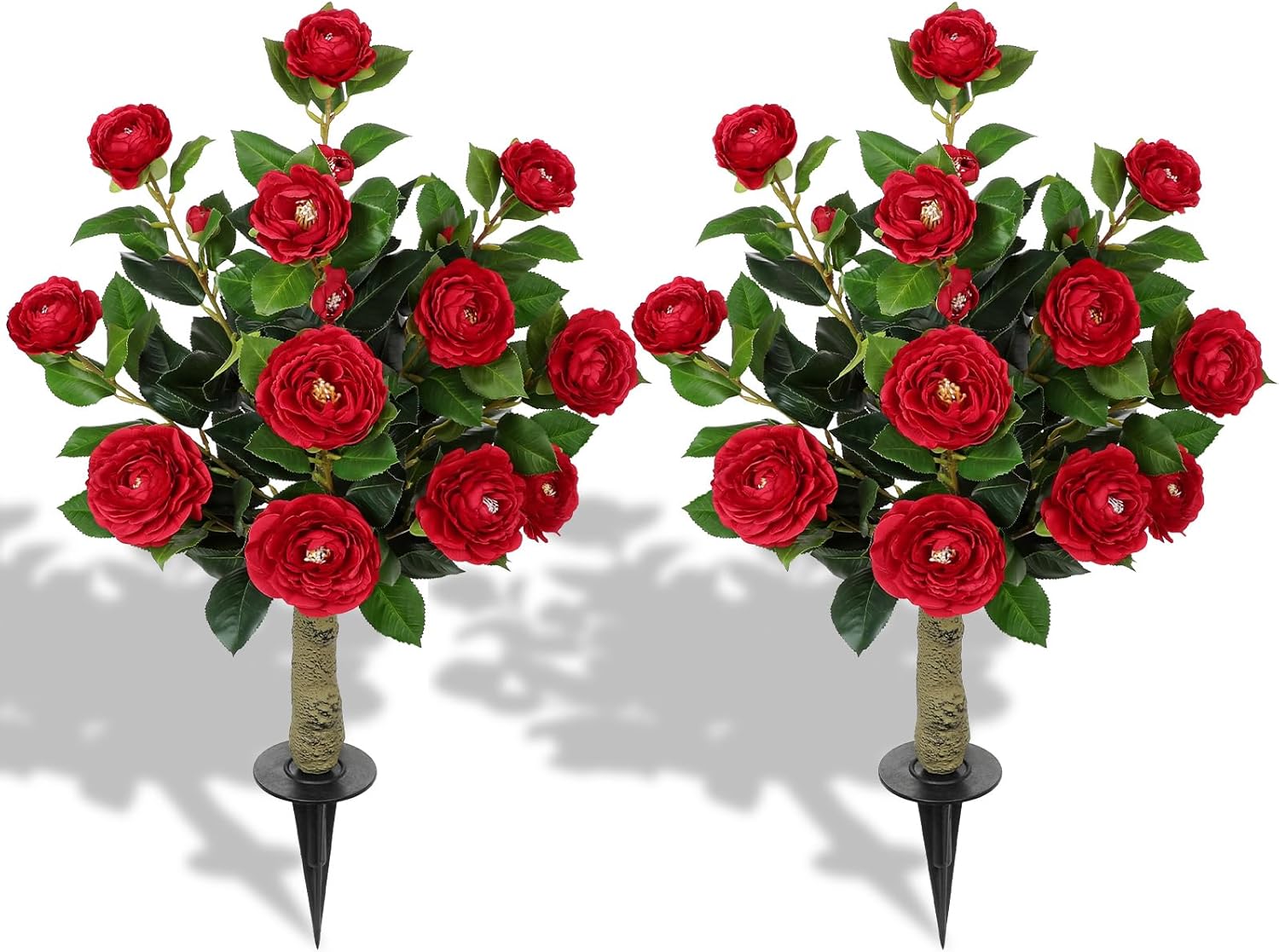 33" Artificial Camellia Tree with Ground Spike, Faux Bushes Plants with Fake Flowers, 2 Pack Realistic Blooming Shrubs for Front Porch Pots, Patio Yard Landscape, Outdoor Garden Walkway Decor, Orange