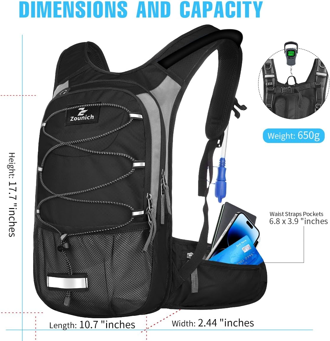 Zounich Hydration Backpack, Breathable Running Backpack with 3L Water Bladder, Large Capacity Hiking Rucksack Outdoors Hydration Bag Pack Perfect for Cycling Camping Fitness Climbing Fits Men & Women - Image 5