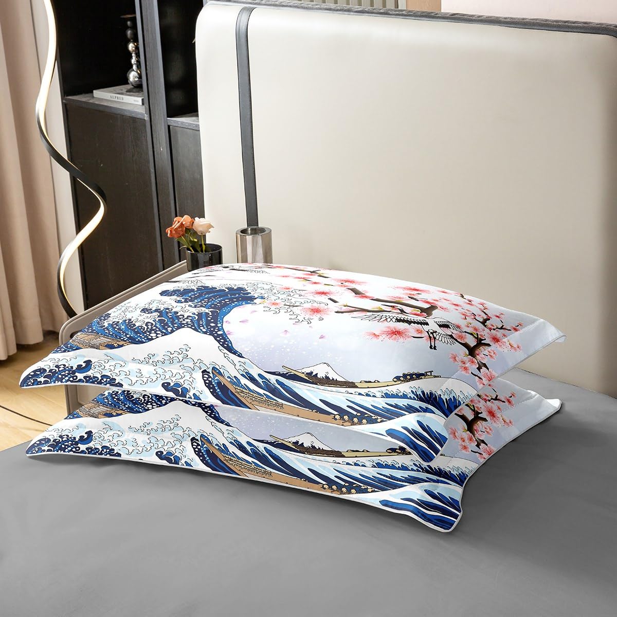 Homemissing Fleur de Cerisier Parure de lit 200x200cm 100% Coton Chic Crane Housse de Couette 100% Coton Enfants Vagues décoration Rose Ukiyo - e Japonais thème Ensemble avec 2 taies d'oreiller,