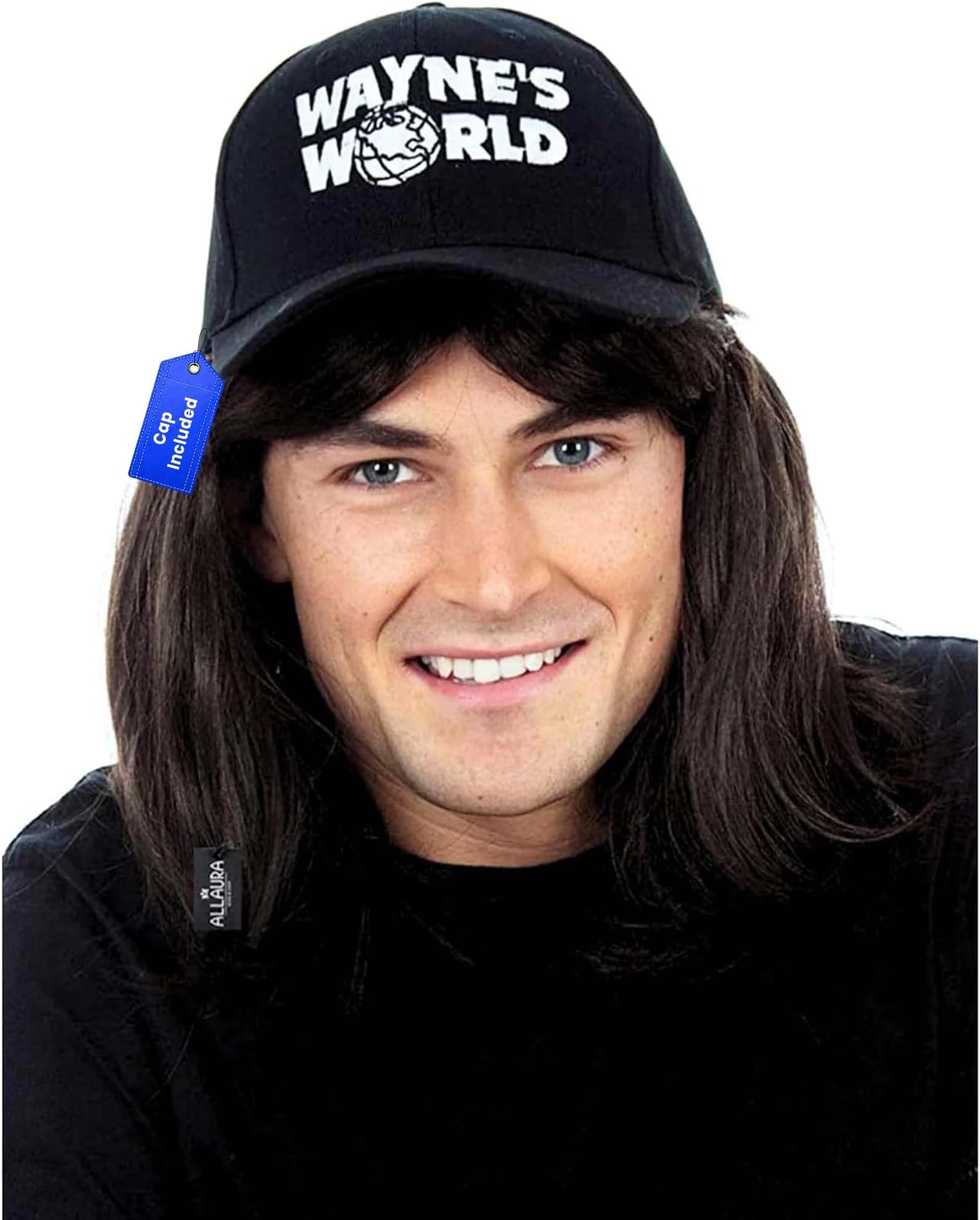 ALLAURA Compatible with Wayne’s World Wig and Hat – Black Mullet Wig with Wayne’s Cap for Men – 80s Rocker Costume, Heavy Metal Look, 1980s Party Outfit, Funny Halloween or Couples Costume Accessory