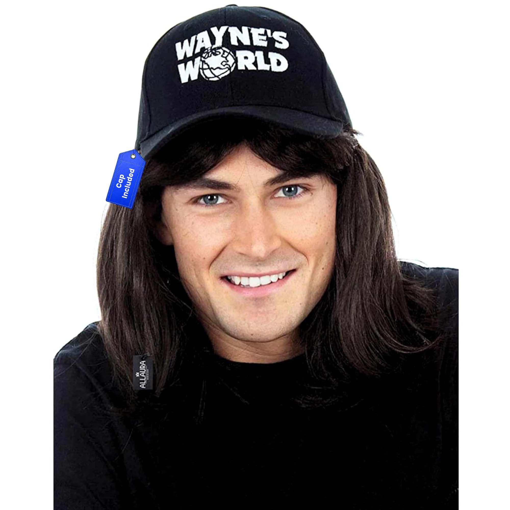 ALLAURA Compatible with Wayne’s World Wig and Hat – Black Mullet Wig with Wayne’s Cap for Men – 80s Rocker Costume, Heavy Metal Look, 1980s Party Outfit, Funny Halloween or Couples Costume Accessory