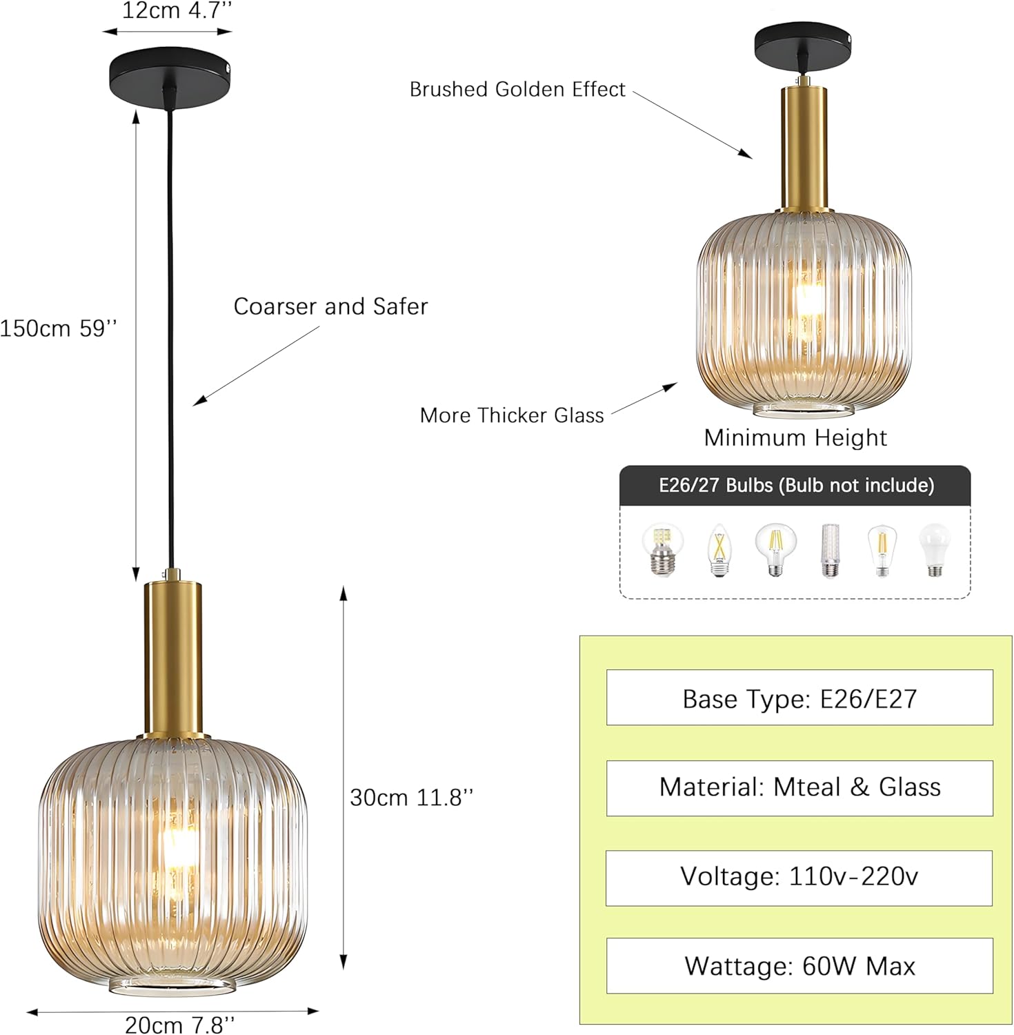 Modern Pendant Light Fixtures for Kitchen Island, Farmhouse Striped Glass Pendant Lighting with Gold Socket, Stylish Ceiling Light for Dining Room and Living Room (7.87'', Amber)