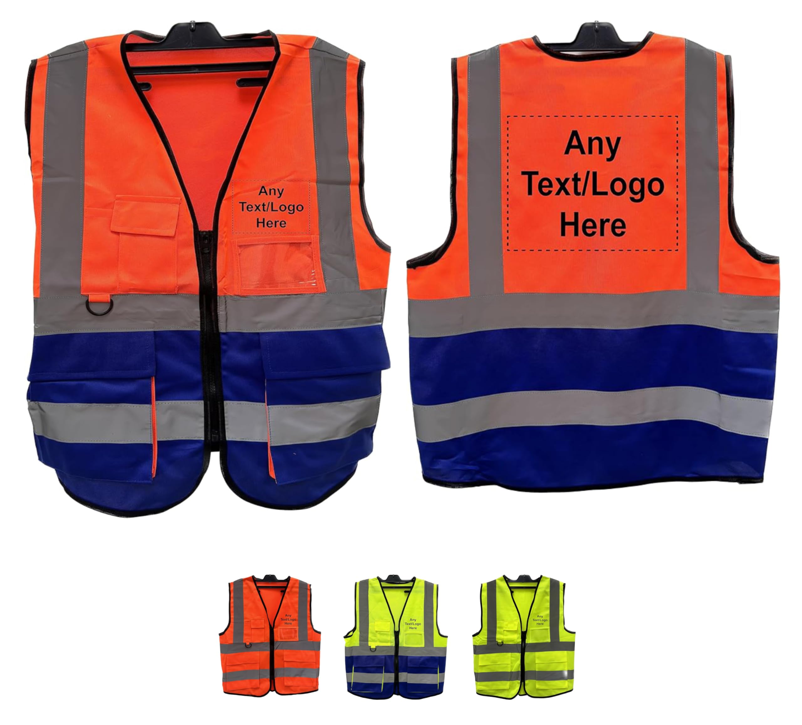 PB TECH Personalised Printed Reflective Hi-Viz Vest, High Visibility hi viz Reflective Vest, Custom Logo Class 2 hi vis Zipper With Phone ANd ID Pockets (Orange & Navy, S)