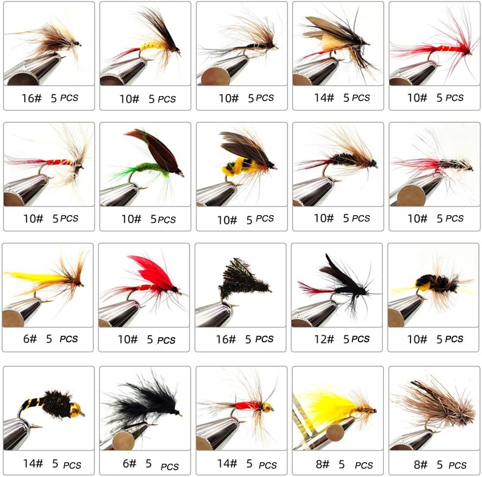 Kylebooker 100pcs Fly Fishing Flies Assortment Kit Dry Wet Flies Nymphs with Fly Box
