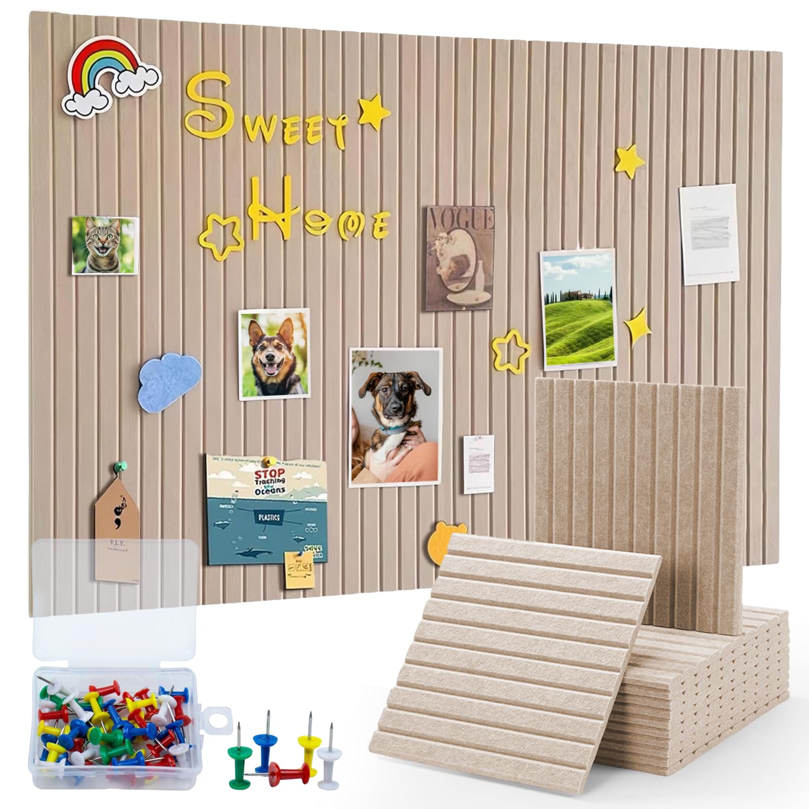 120 x 90 cm Felt Bulletin Board，Qiundar Large Cork Board Alternative 0,9 cm Thick Felt Wall Tiles with 50 Push Pins and Safe Removable Adhesive Tabs for Home Kitchen, Office, School, Notes, Photos