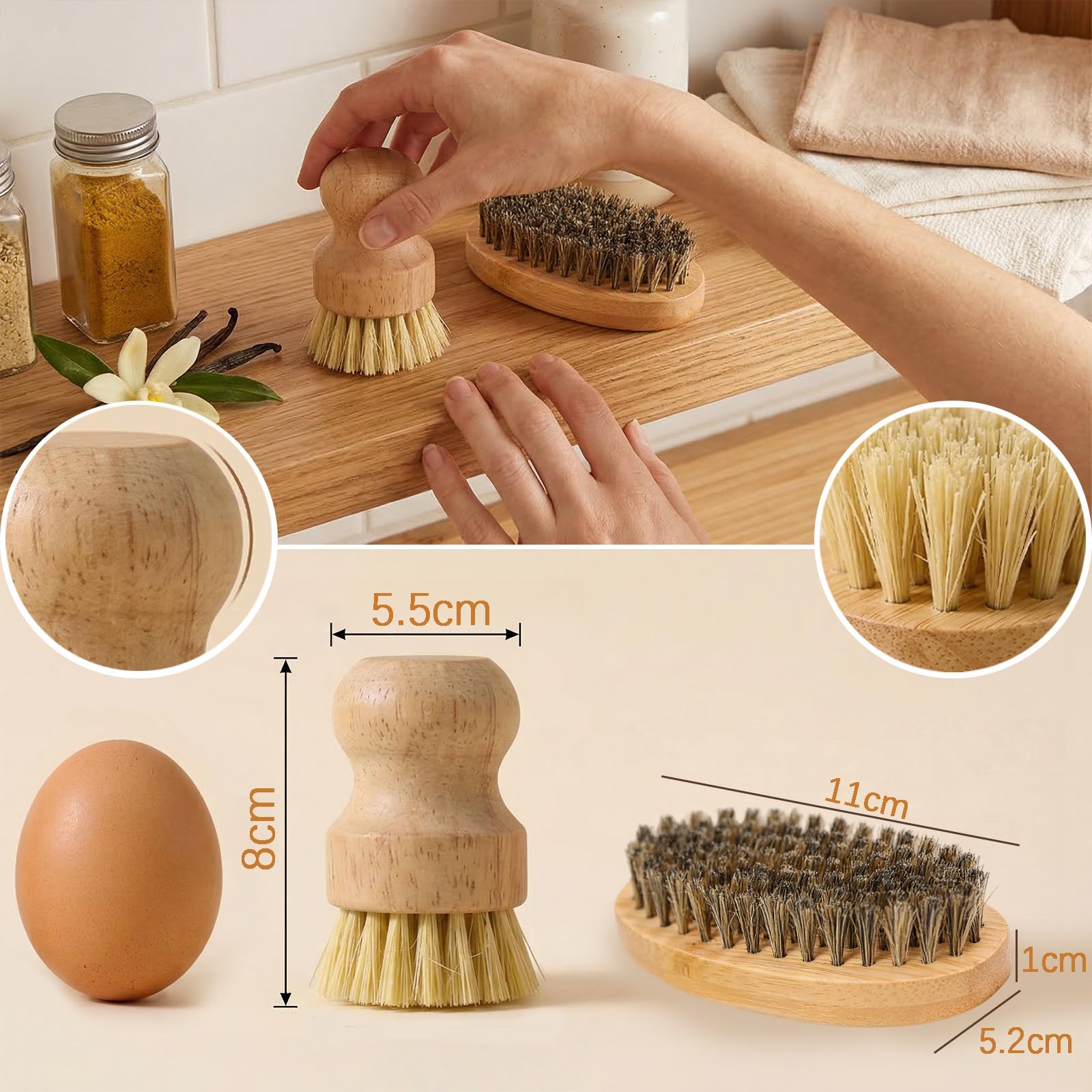 Lot de 2 brosses à légumes en Bois Ergonomique pour Nettoyer Légumes