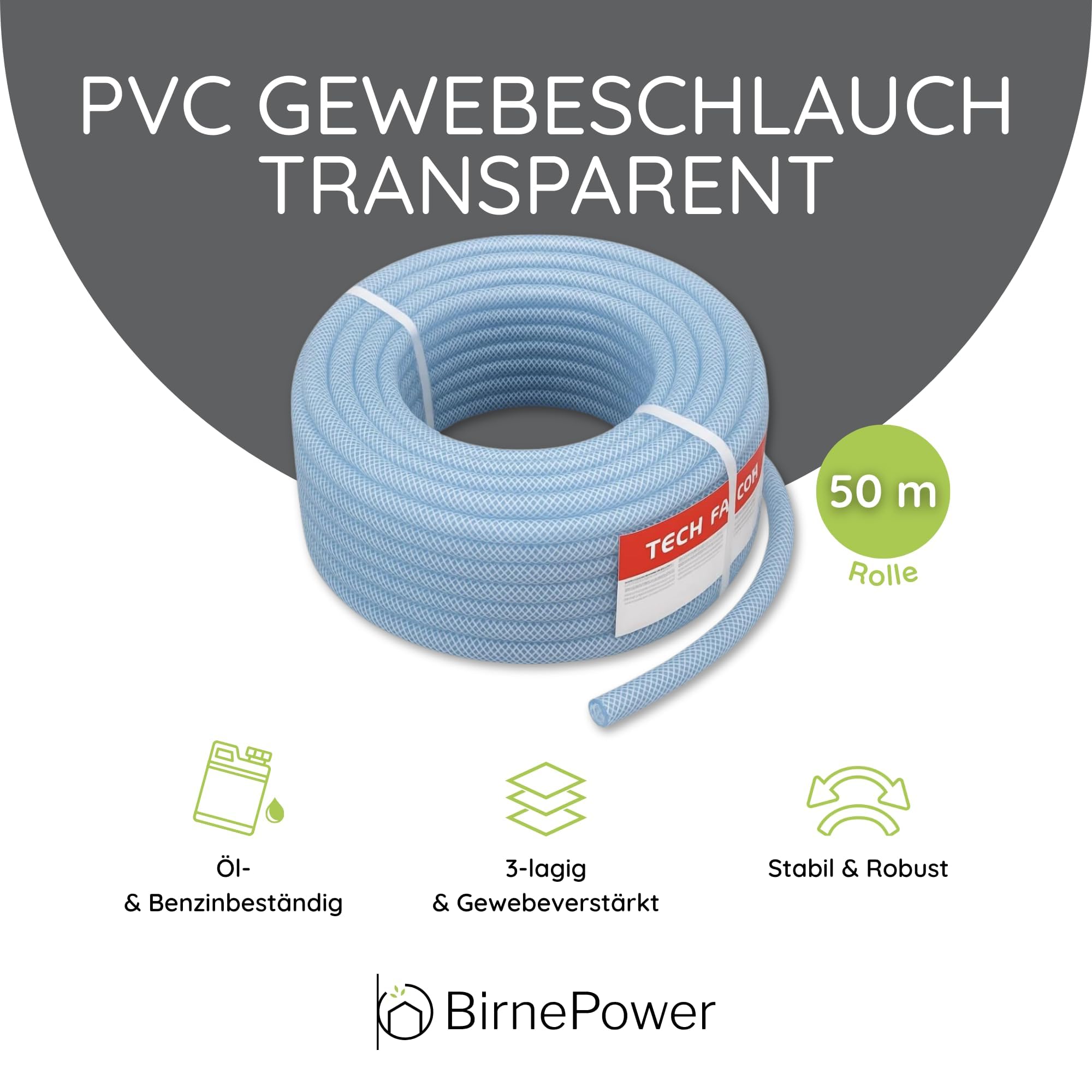 Druckluftschlauch PVC Transparent 50m (Innen Ø 6mm / Wand 2.5mm) – Gewebeschlauch 3-lagig Öl- & Benzinbeständig, Flexibler Wasserschlauch für Kompressor, Luft & Chemikalien