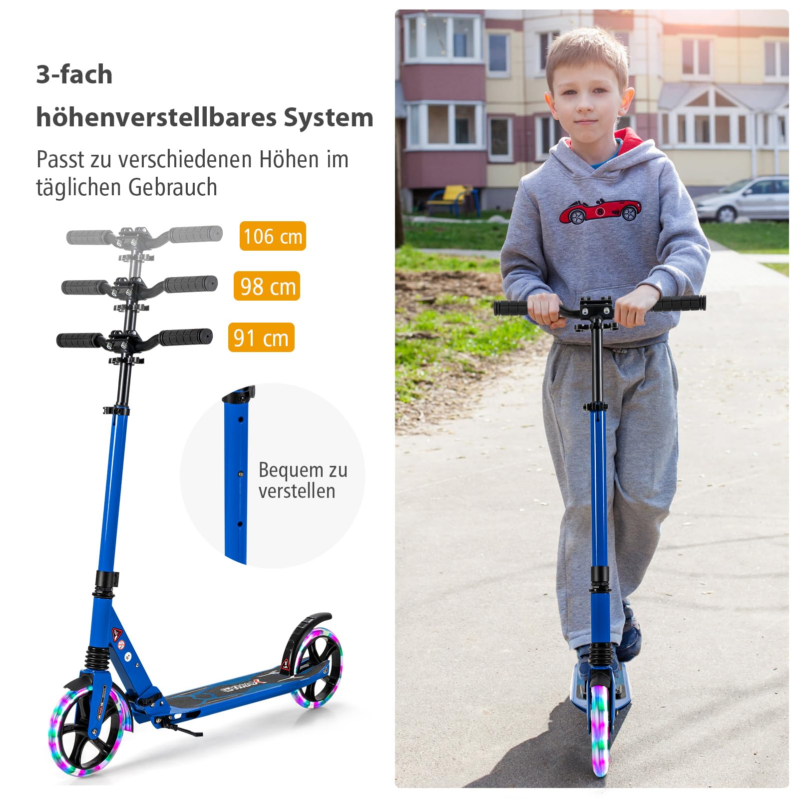 COSTWAY Kinderstep 3 jaar, kinderstep 2 wielen met led-wielen, inklapbaar stuur, in hoogte verstelbaar 70/75/80cm, voor jongens en meisjes vanaf (groen