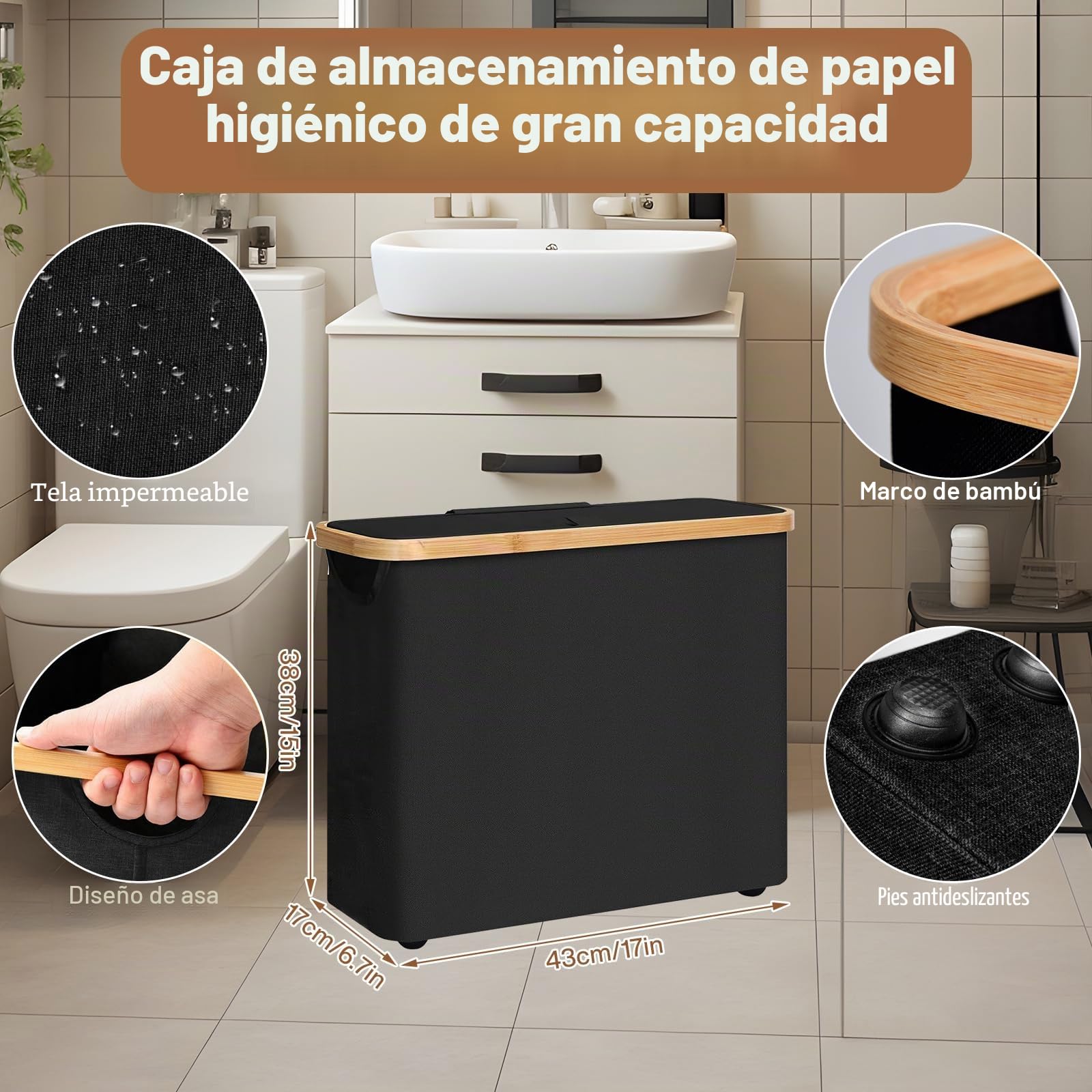28L Cesta de Almacenamiento de Papel Higiénico de 9~12 Rollos, Organizador de Baño Plegable Impermeable, Almacenaje Papel Higienico para Baño con Tapa para Baño y Hogar (Negro)